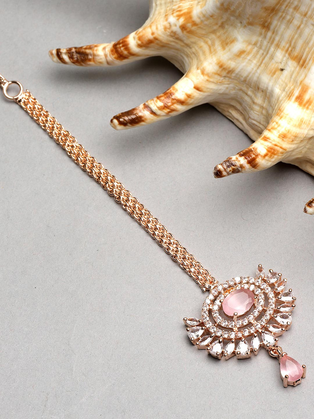 ZENEME Rose Gold-Plated Crystal & American Diamond Studded Maang Tikka Head Jewellery