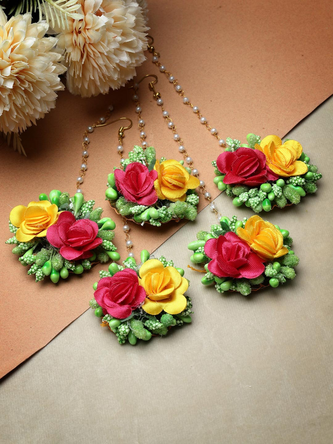 ZENEME Set Of 5 Gold-Plated Gota Patti Artificial Beads Studded Flower Maang Tikkas