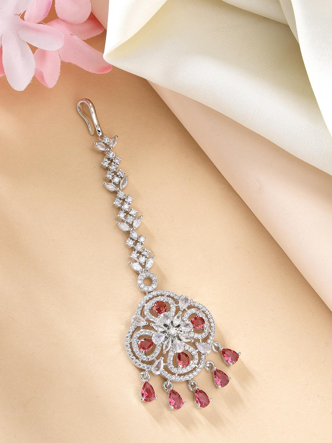 ZENEME Rhodium-Plated American Diamond Studded Floral Maang Tikka