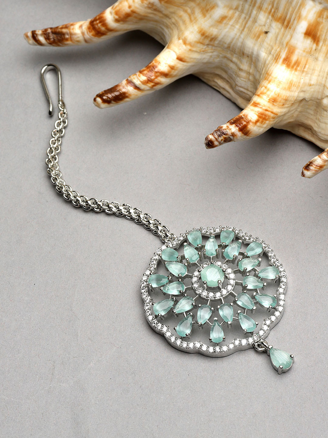 ZENEME Rhodium-Plated American Diamond & Crystal Studded Maang Tikka