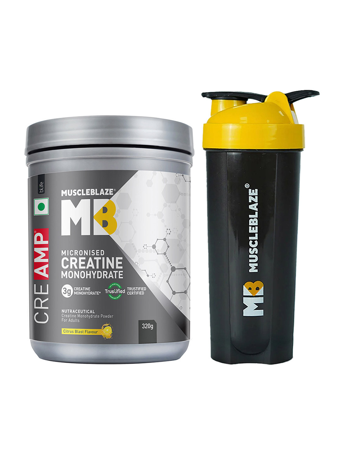 MuscleBlaze Creatine Monohydrate CreAMP with Citrus Blast CreAbsorb with Shaker- 320g