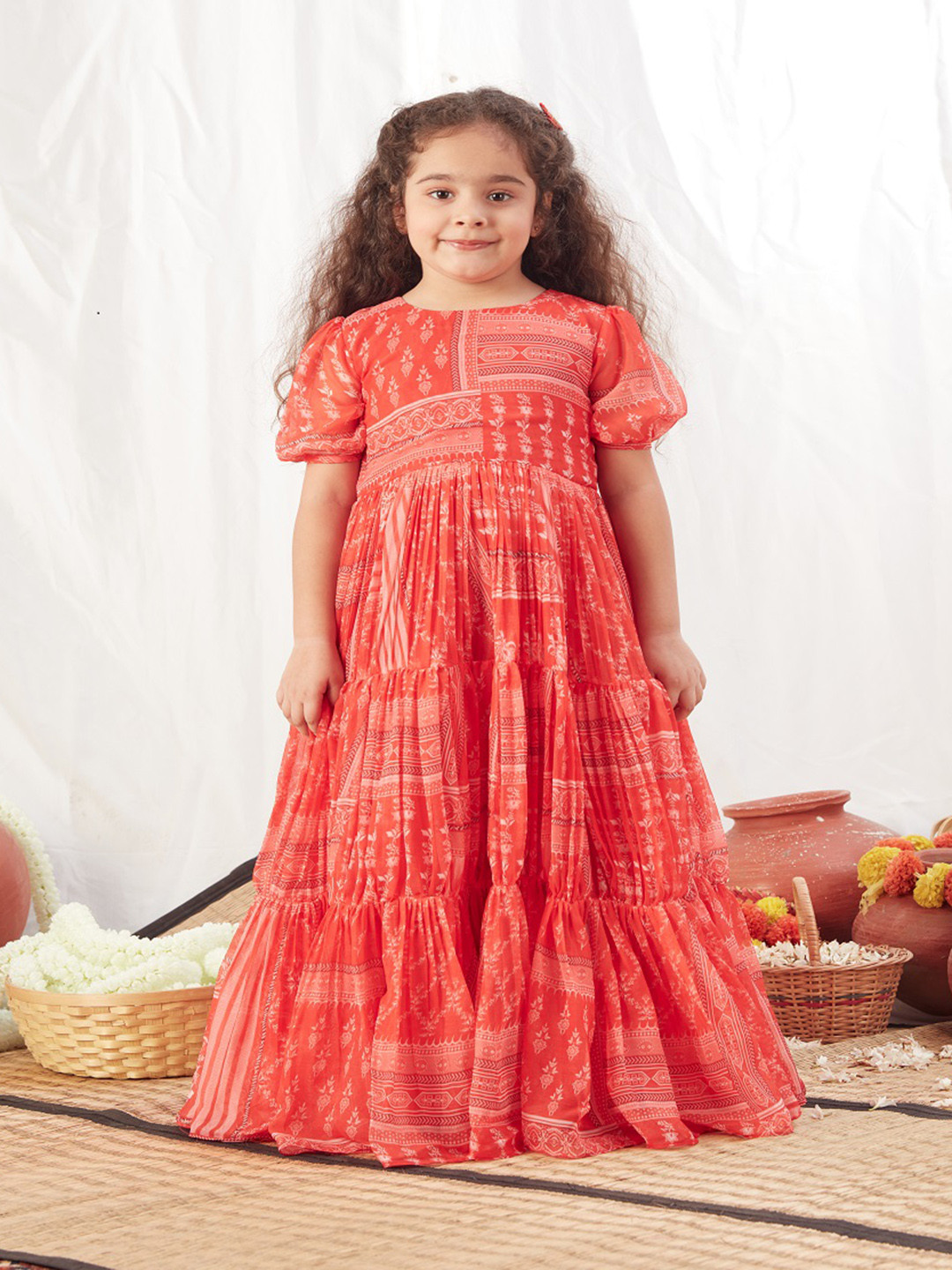 Vivedkids Girls Round Neck Printed Chiffon Maxi Dress