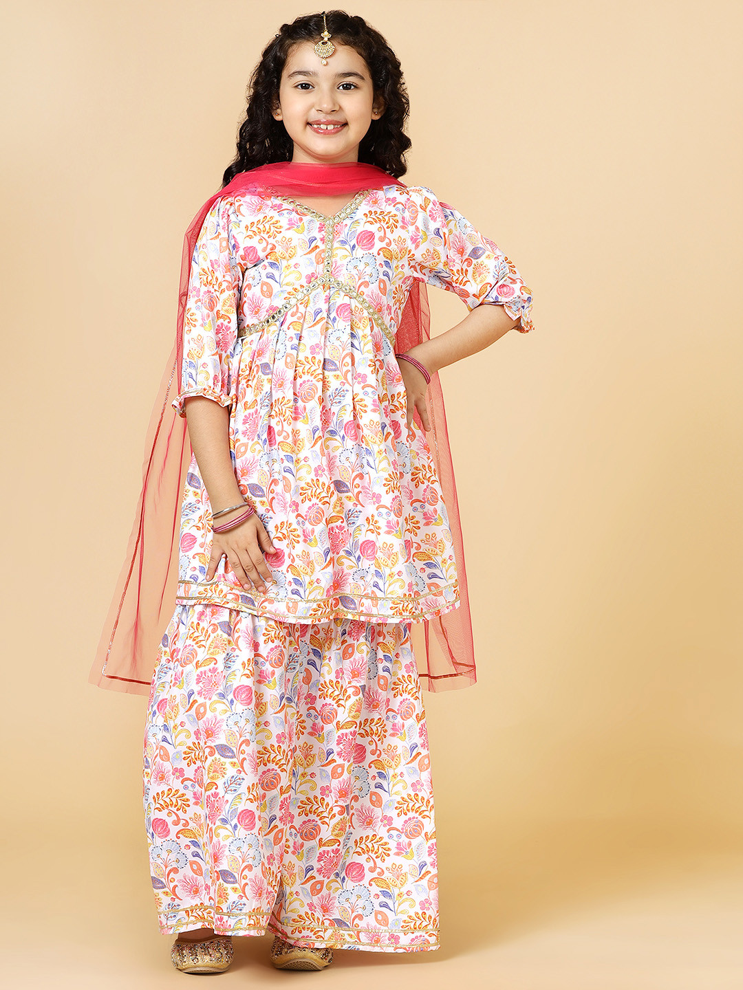 A.T.U.N. Girls Floral Printed Puffed Sleeves Anarkali Kurti With Sharara & Dupatta