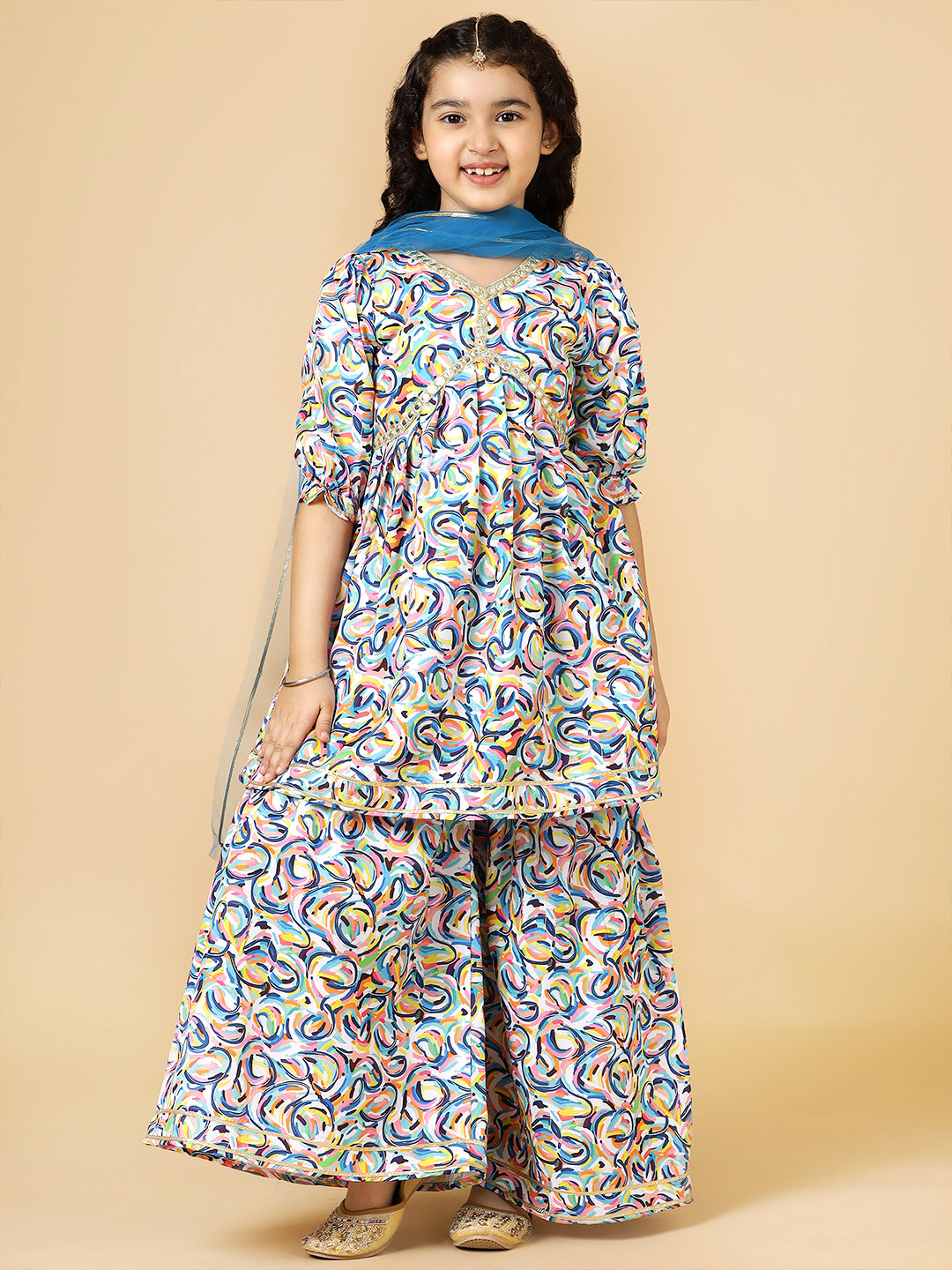 A.T.U.N. Girls Floral Printed Puffed Sleeves Anarkali Kurti With Sharara & Dupatta