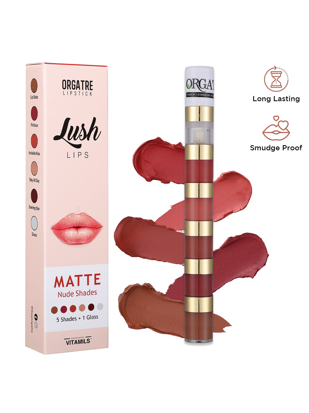 Orgatre Lush Lips 5-in-1 Waterproof Matte Lipstick with Jojoba 9 ml - Nude Shades