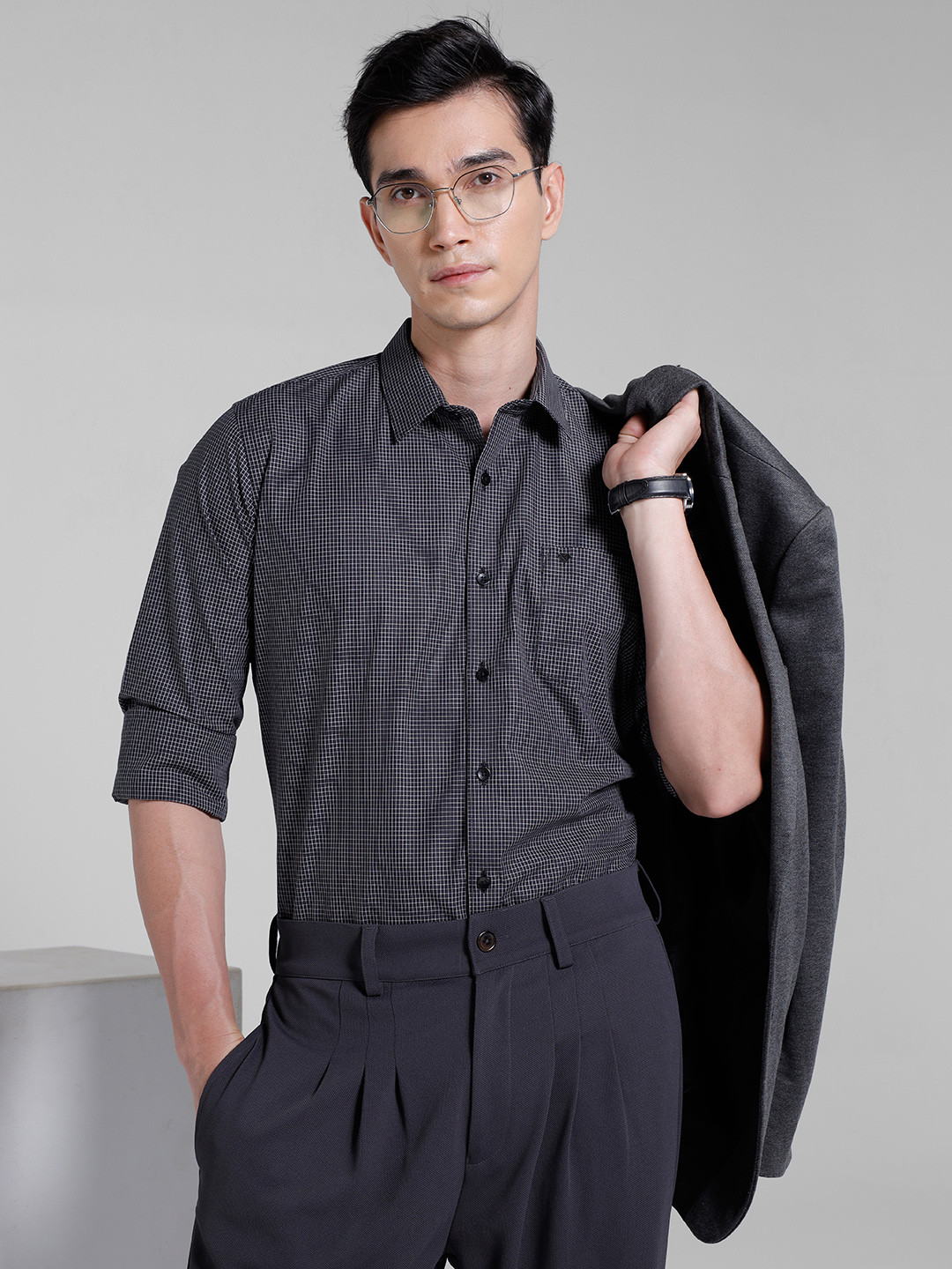 INVICTUS Signature Pure Cotton Micro Checks Monochrome Formal Shirt