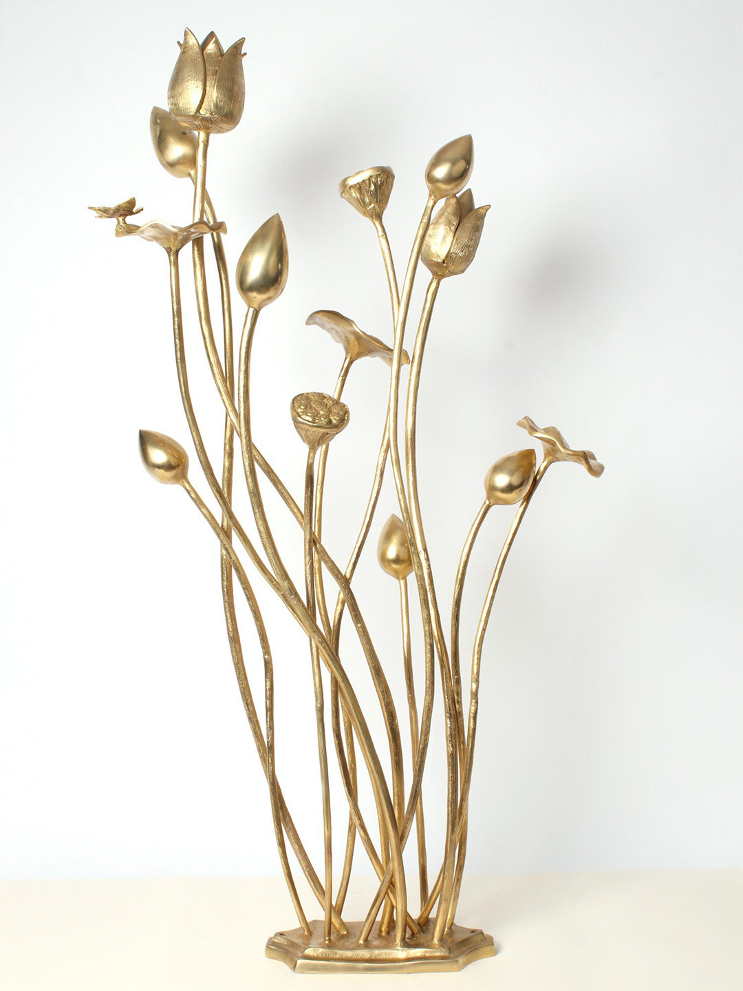 Exotic India Exquisite Tulip Flowers Bouquet Gold Brass Metallic Living Room Extra Large Showpiece - 8 Inches