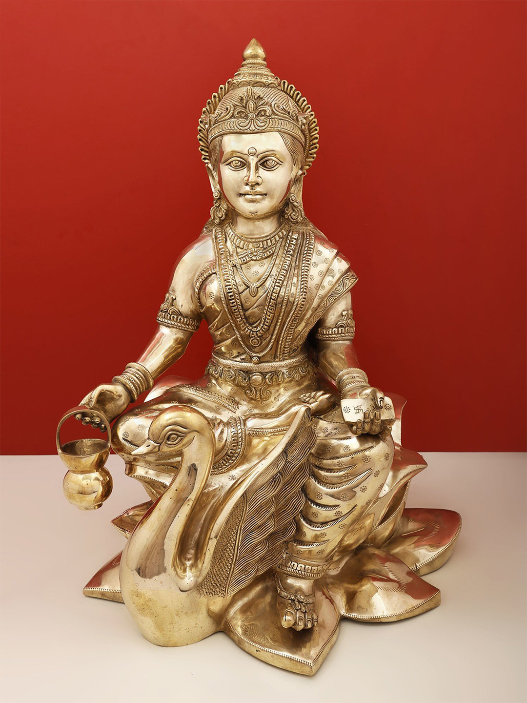 Exotic India Goddess Gayatri Devi Gold Brass Metallic Prayer Room Extra Large Showpiece - 26.5 Inches
