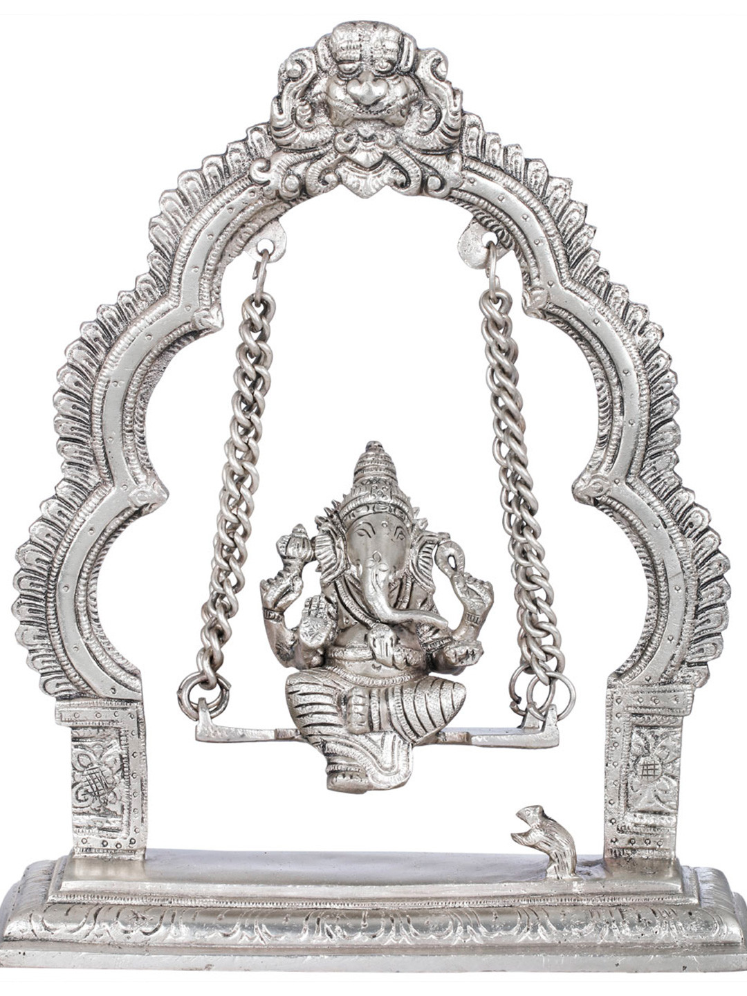 Exotic India Lord Ganesha on A Swing with Kirtimukha Silver Brass Metallic Prayer Room Hand-Crafted Medium Showpiece - 9 Inches