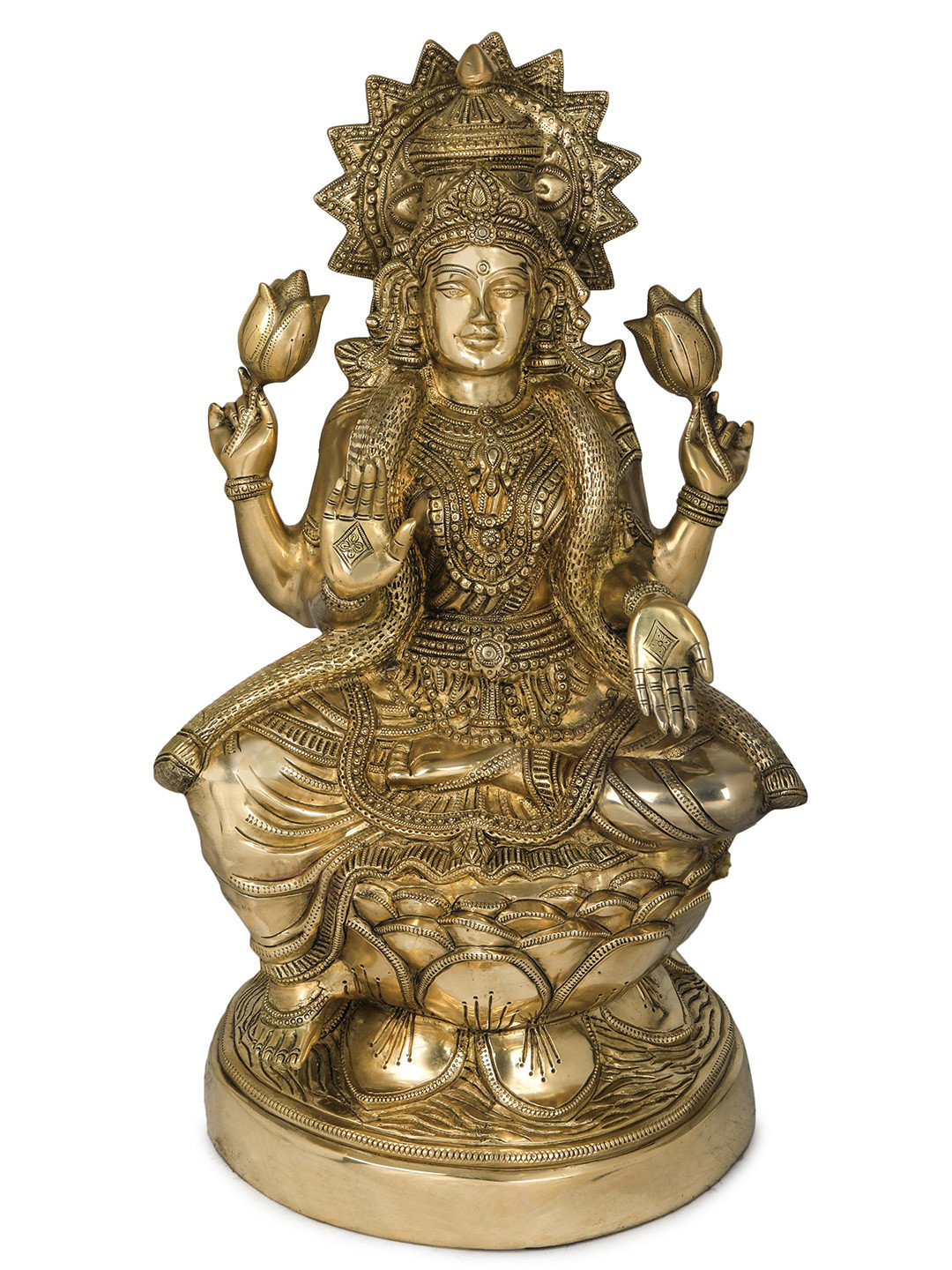 Exotic India Goddess Lakshmi Seated on Lotus Gold Brass Metallic Prayer Room Hand Made Large Showpiece - 23 Inches
