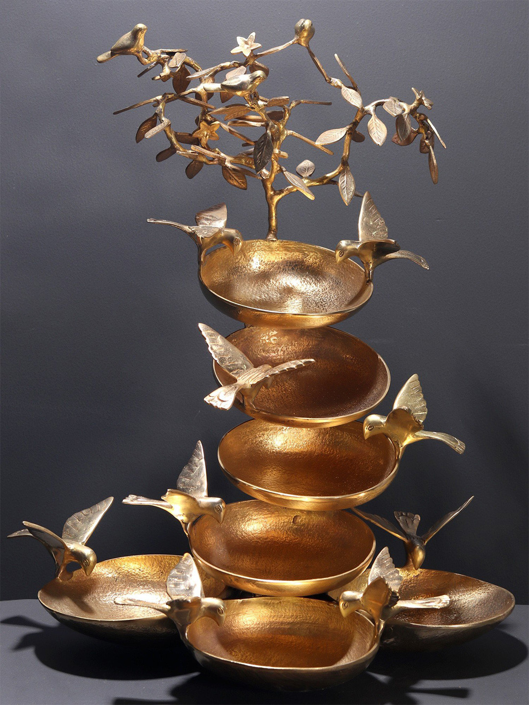 Exotic India Seven Bowl Bird Bath Gold Brass Metallic Living Room Large Showpiece - 18 Inches