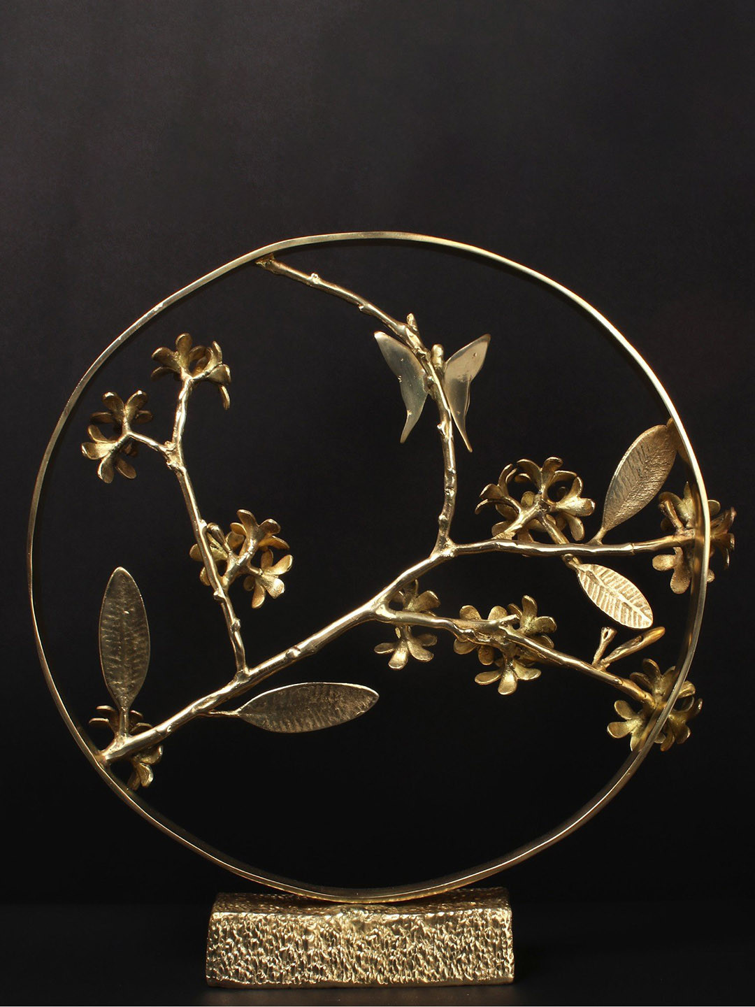 Exotic India Butterfly On Plumeria Flowering Plant Gold Brass Metallic Living Room Medium Showpiece - 17.5 Inches