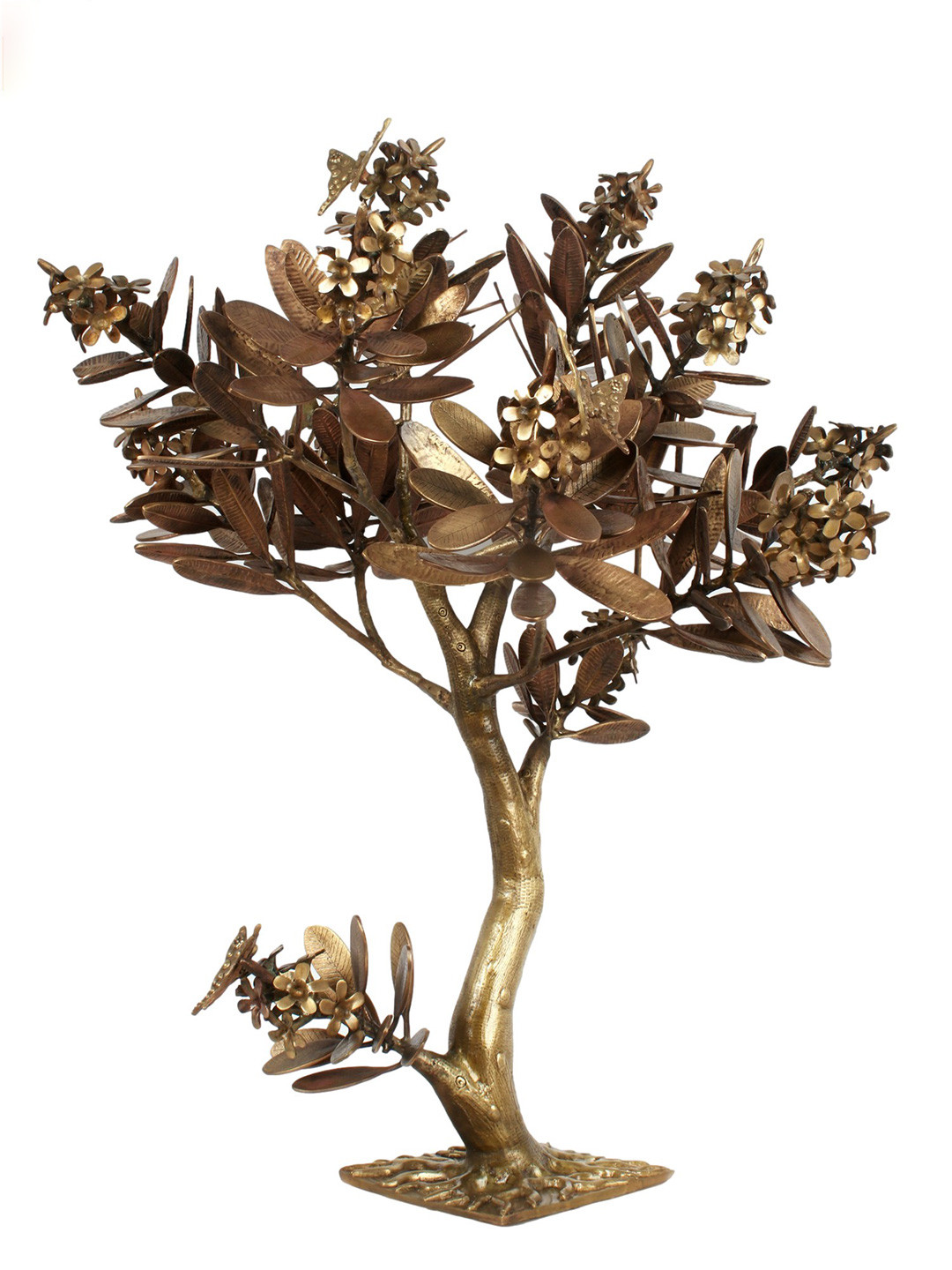 Exotic India Flower Tree with Butterflies Gold Brass Metallic Living Room Extra Large Showpiece - 23.5 Inches