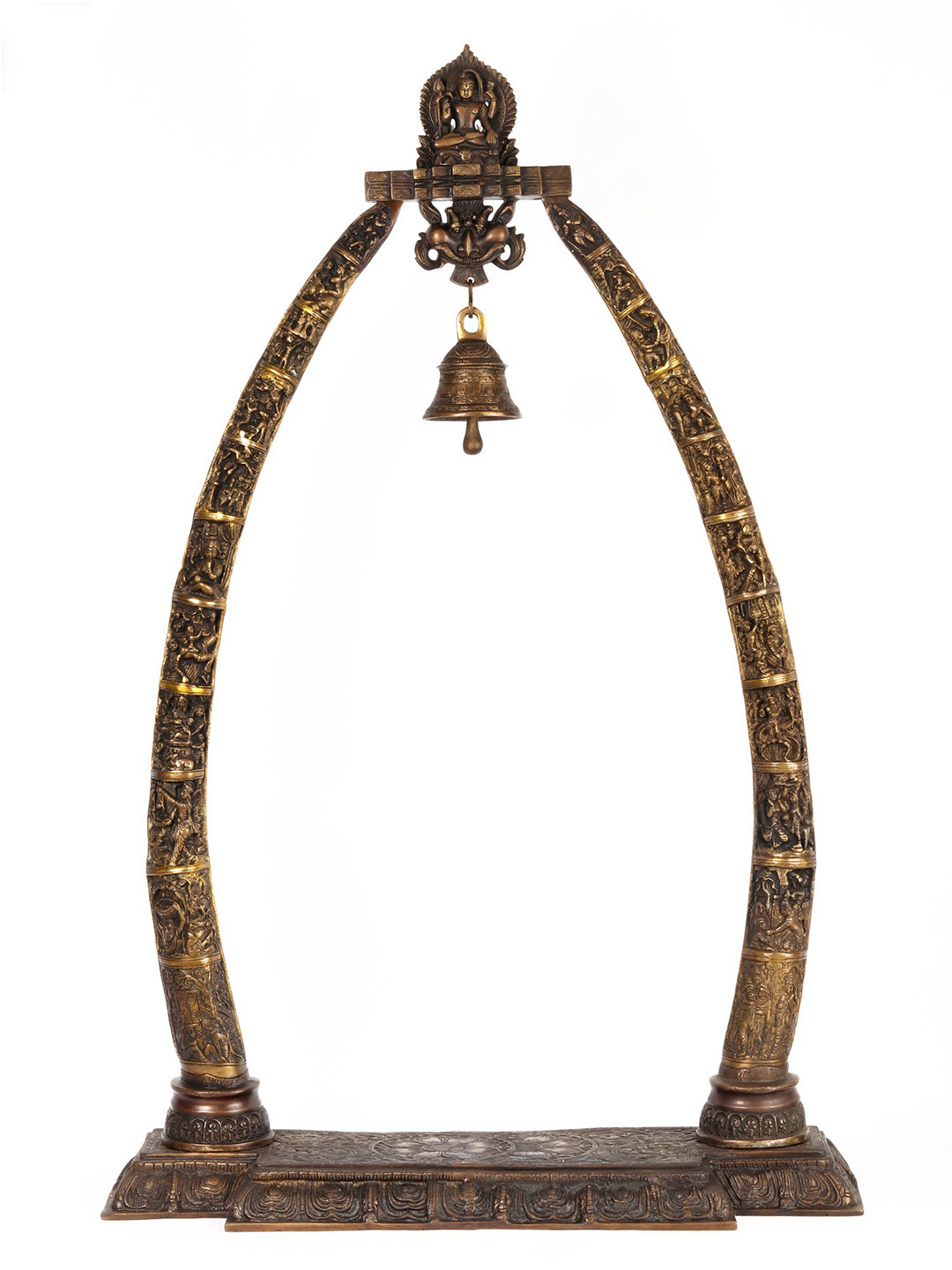 Exotic India Krishna Leela (Story) Arch with Bell and Shiva on Top Gold Brass Metallic Prayer Room Extra Large Showpiece - 43.7 Inches