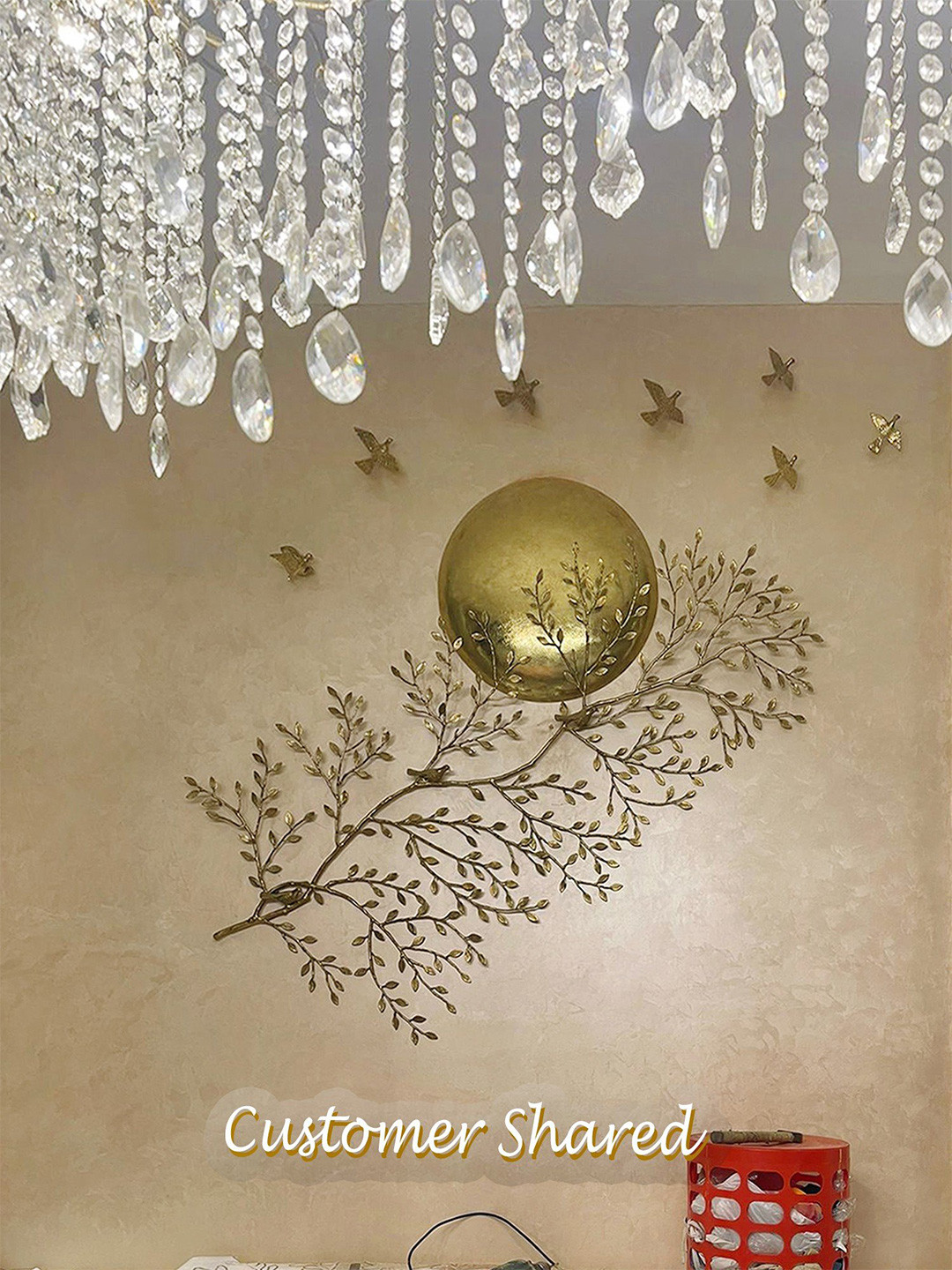 Exotic India Moon and Tree Pair Gold Brass Metallic Living Room Extra Large Showpiece - 71.7 Inches