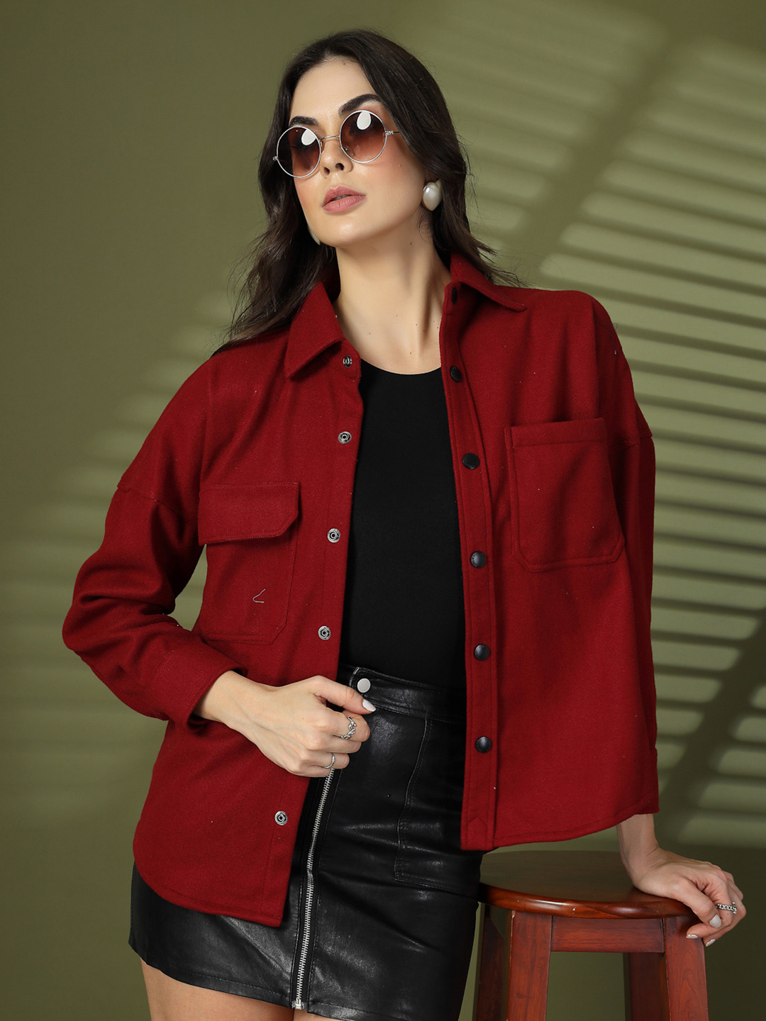 CHKOKKO Solid Spread Collar Single Breasted Shacket Coats