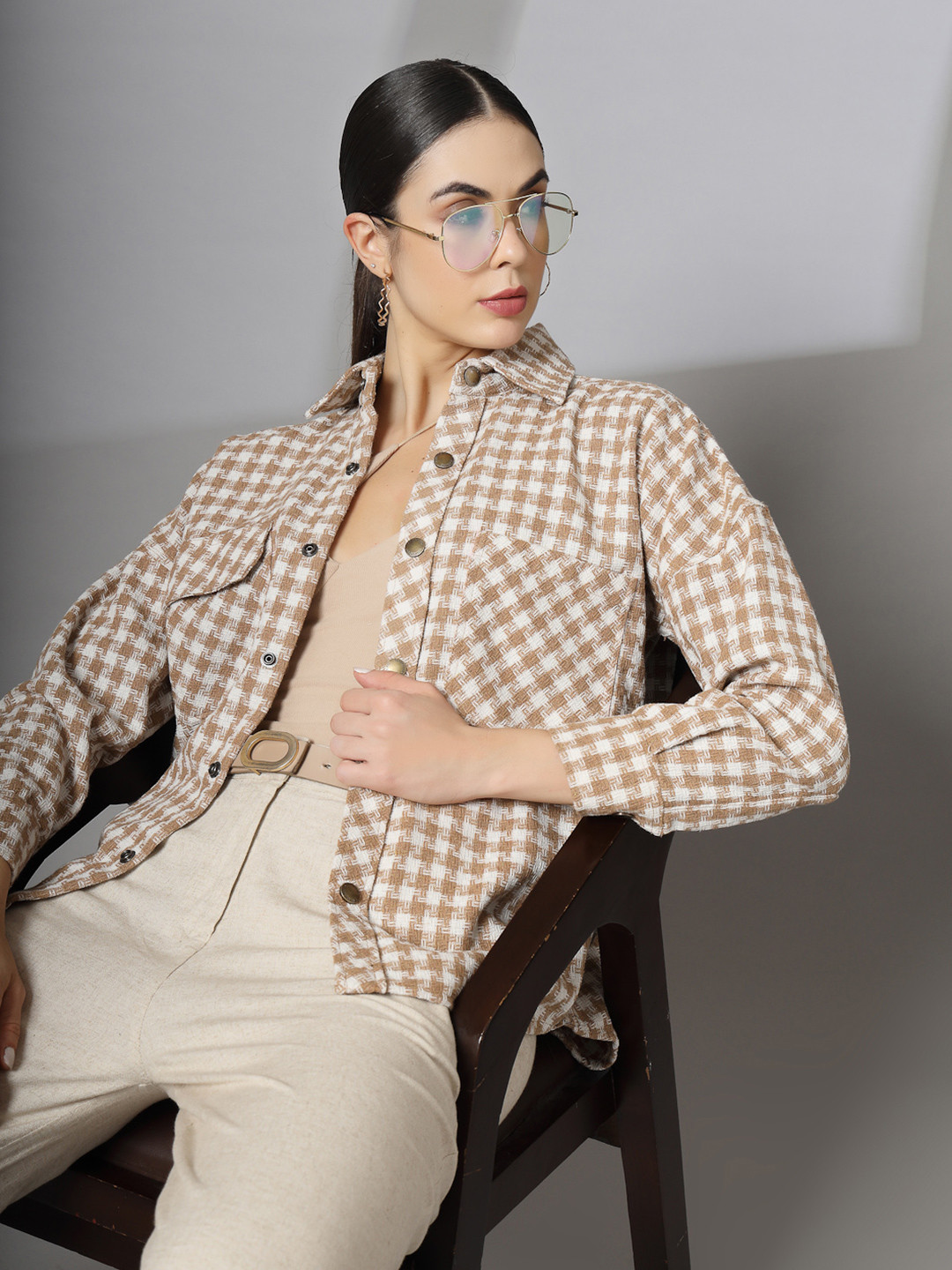 CHKOKKO Women Checked Casual Shacket Shirt