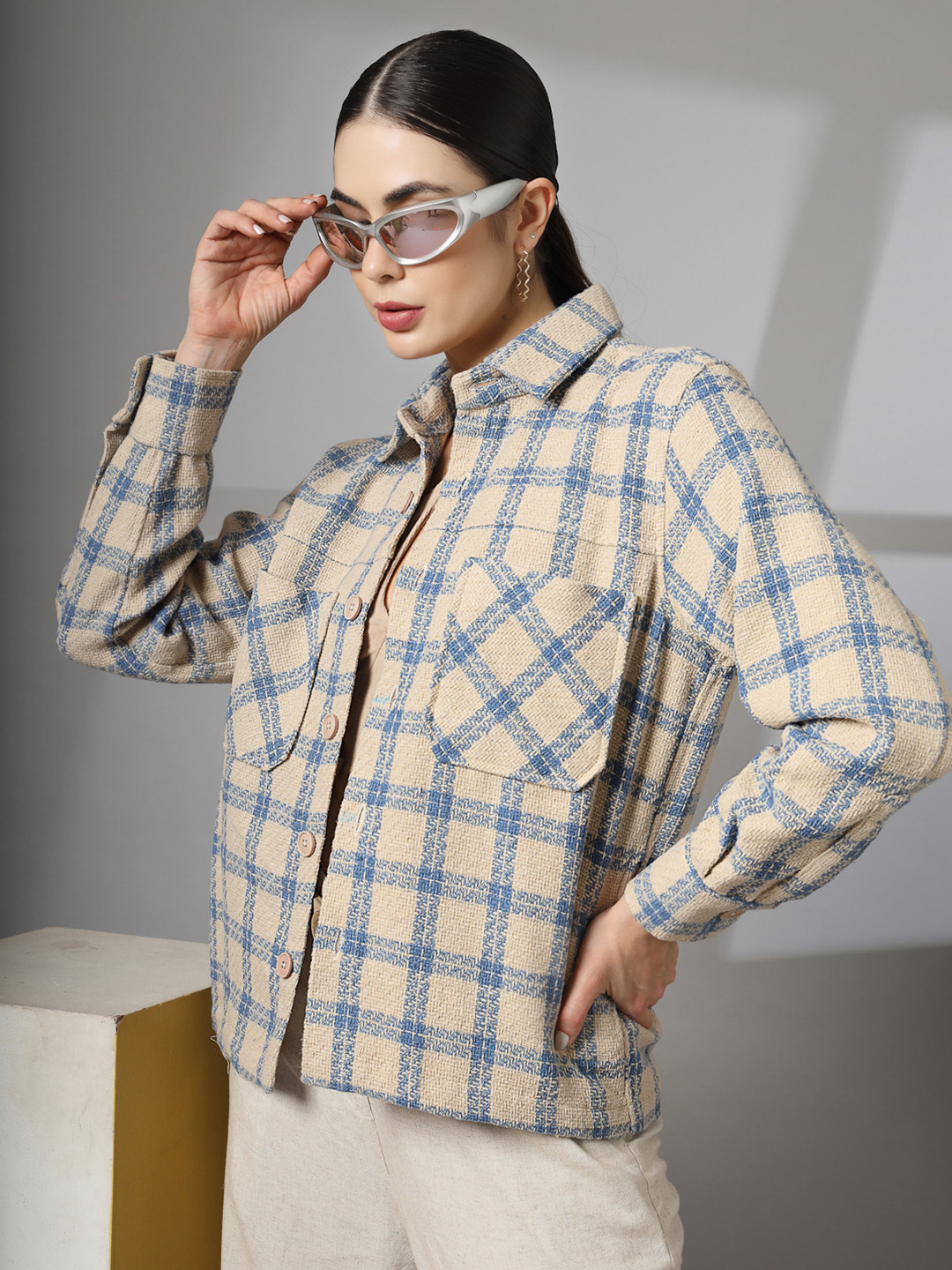 CHKOKKO Checked Spread Collar Single Breasted Shacket Coats