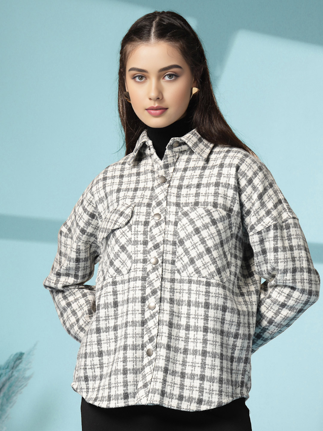 CHKOKKO Women Checked Casual Shacket Shirt