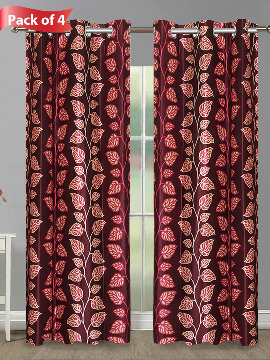 Aura Maroon & Pink 4 Pieces Floral Printed Door Curtains