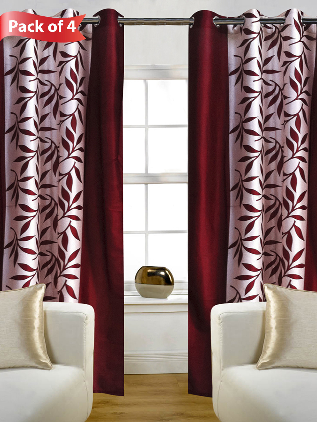 Aura Maroon & Pink 4 Pieces Floral Printed Door Curtains