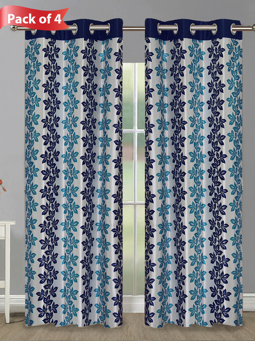 Aura Blue & Navy Blue 4 Pieces Floral Door Curtains
