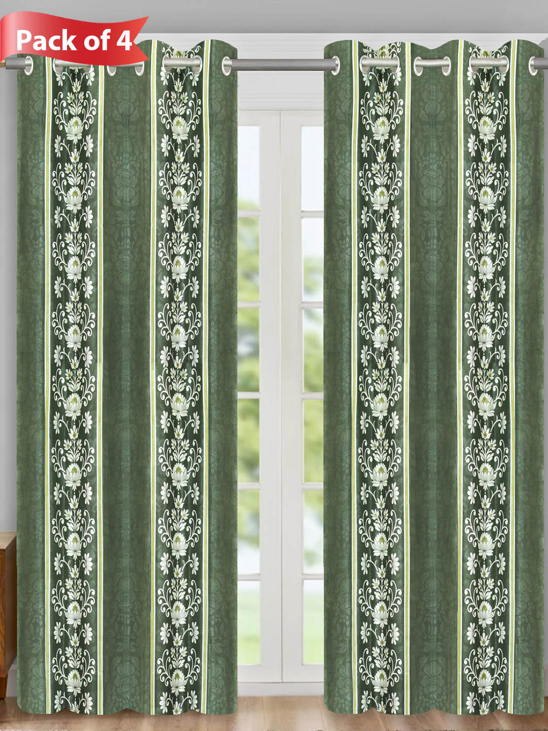 Aura Green & White 4 Pieces Floral Room Darkening Door Curtains