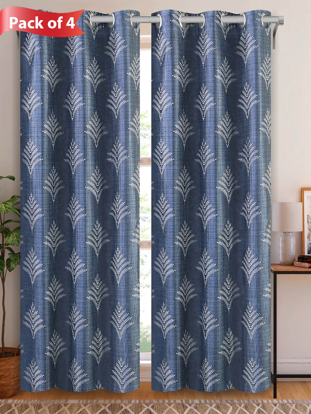 Aura Grey and White 4 Pieces Floral Printed Room Darkening Door Curtains