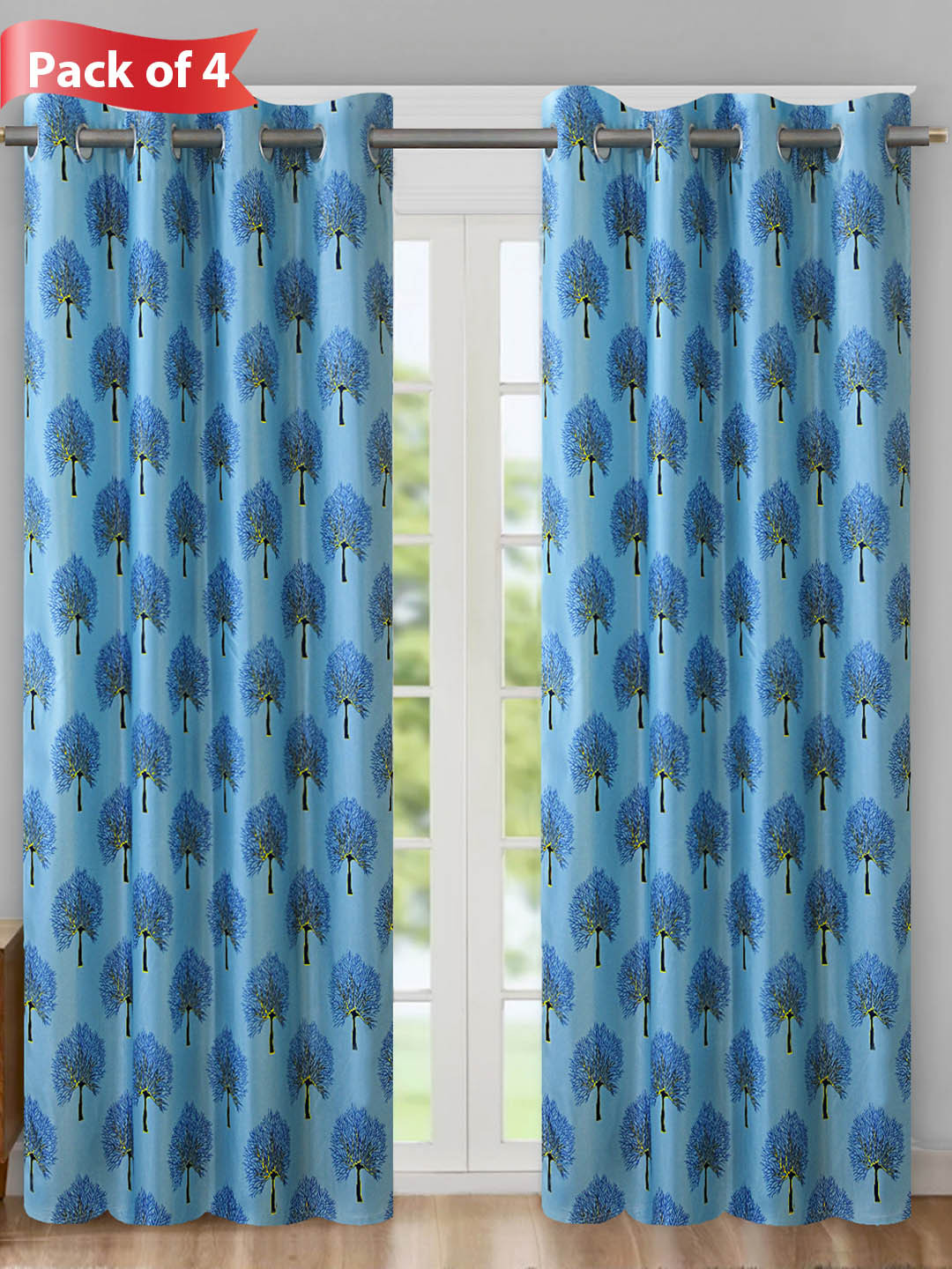Aura Blue & Black 4 Pieces Floral Printed Door Curtain