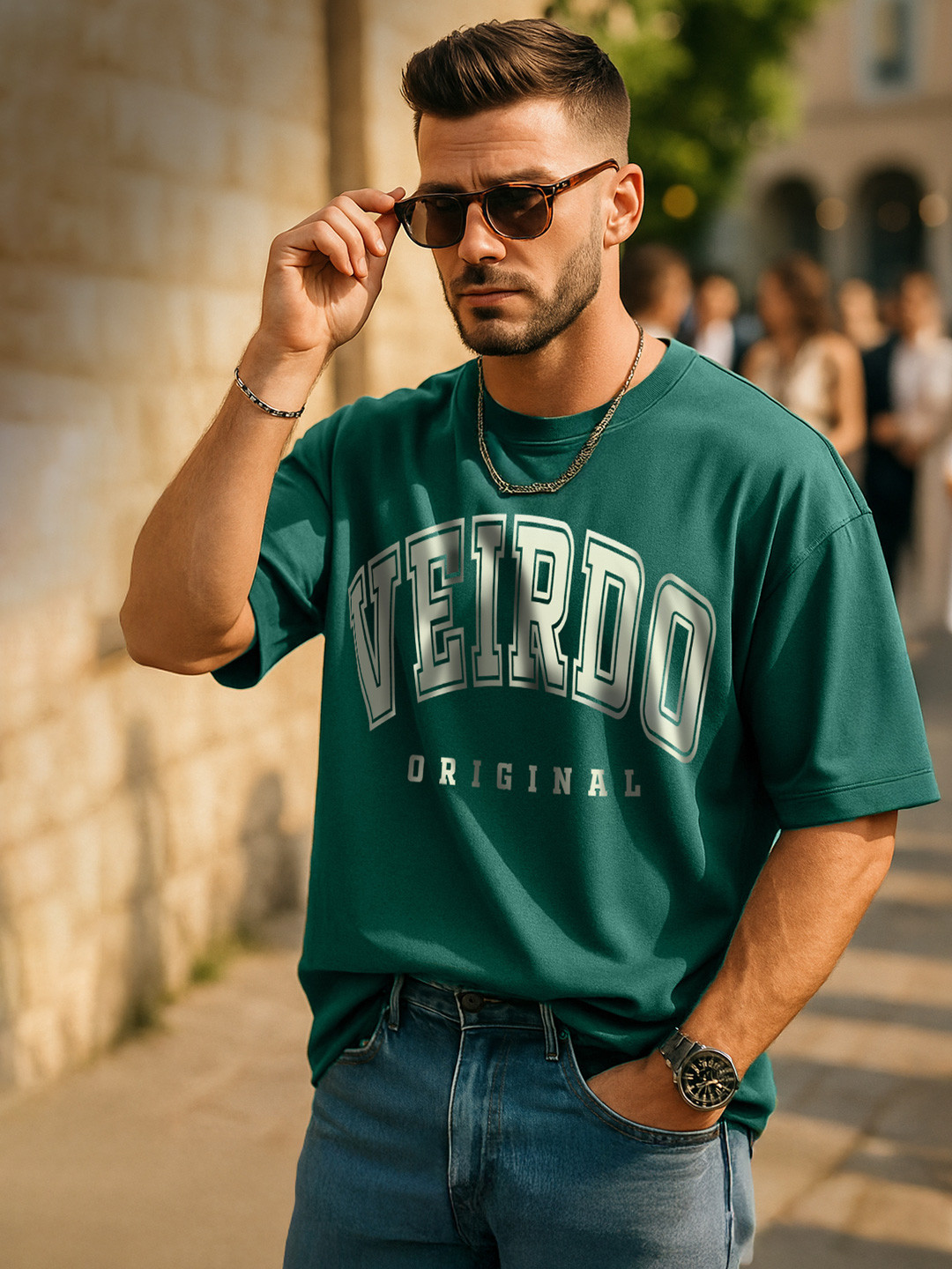 VEIRDO Men Green Typography Printed Round Neck Pure Cotton Oversized T-shirt
