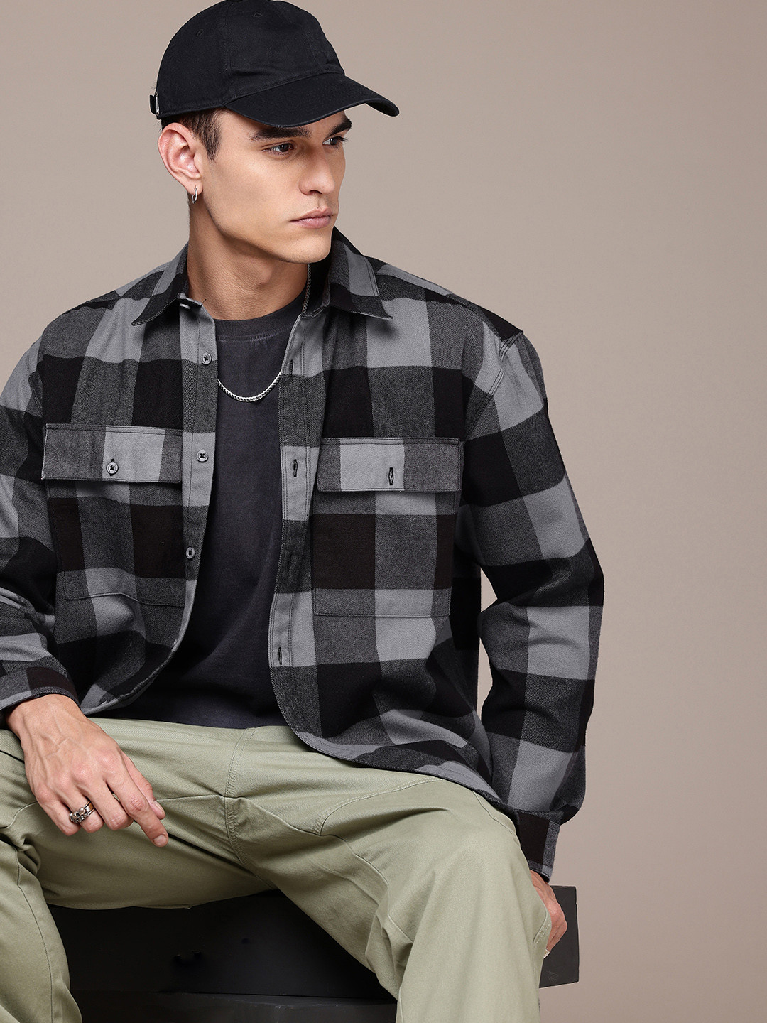 The Roadster Life Co. Buffalo Checks Drop-Shoulder Sleeves Relaxed Fit Casual Shacket
