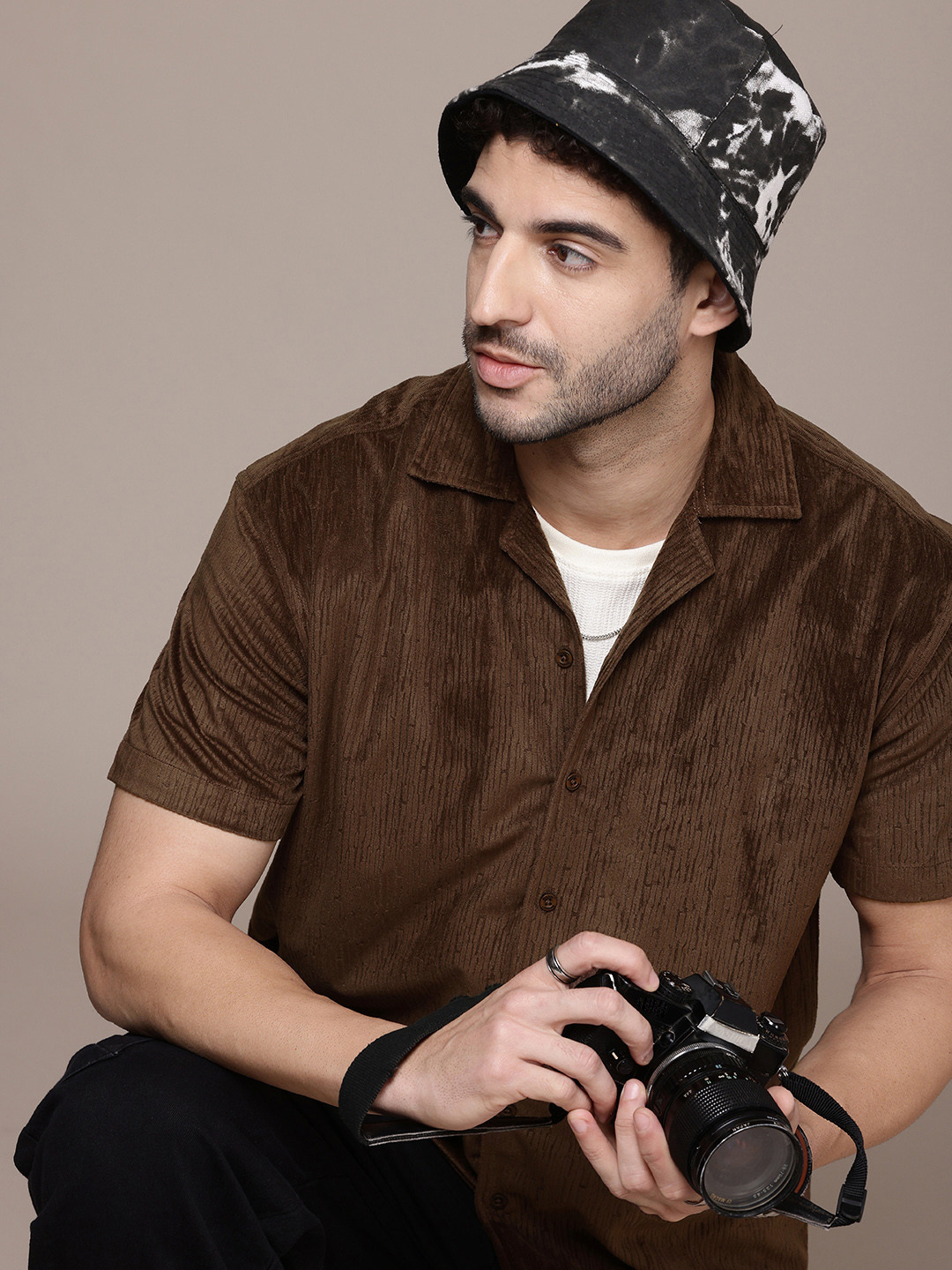 The Roadster Life Co. Self-Design Velvet Finish Drop-Shoulder Relaxed Fit Casual Shirt