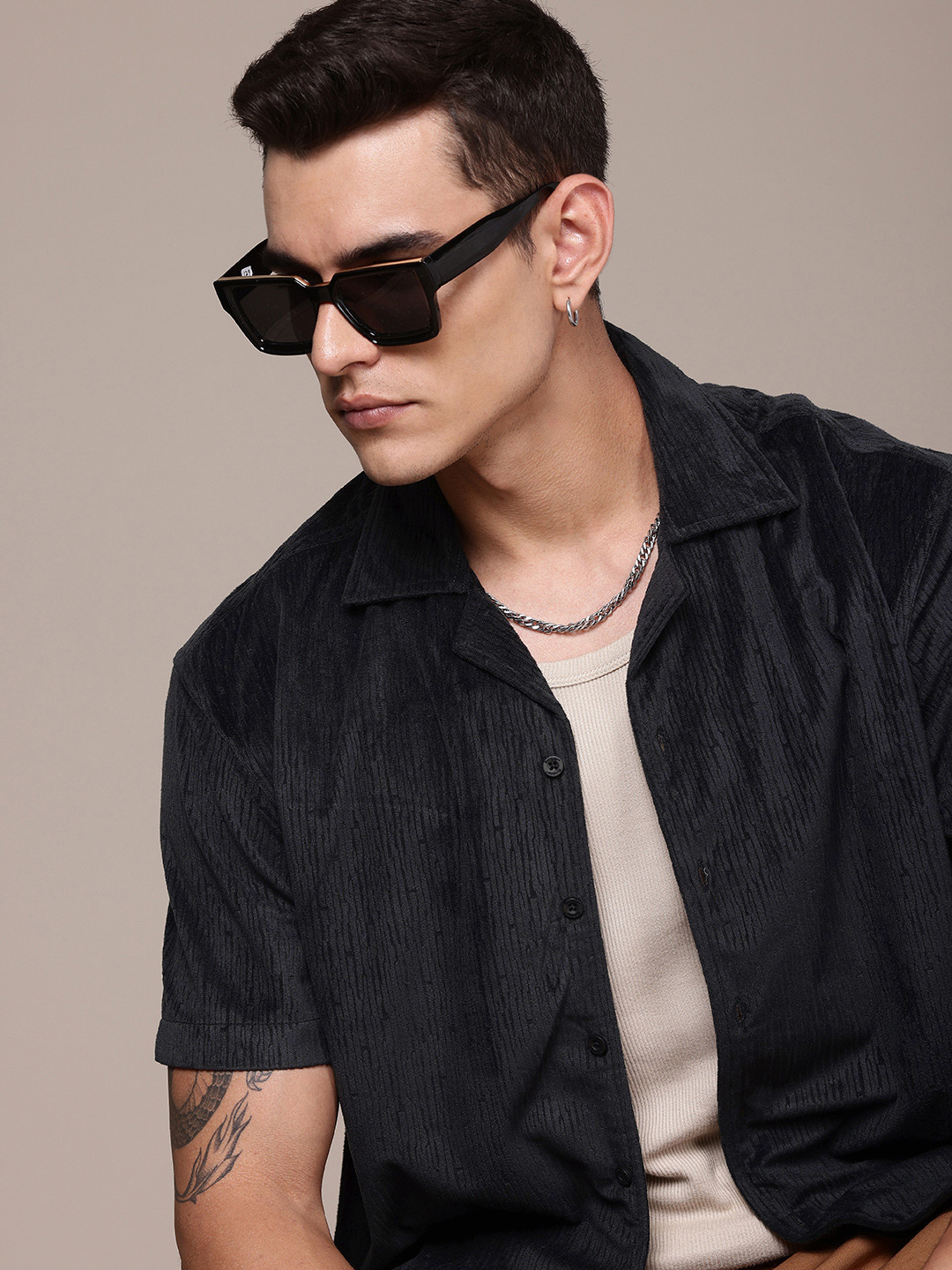 The Roadster Life Co. Self-Design Velvet Finish Drop-Shoulder Relaxed Fit Casual Shirt