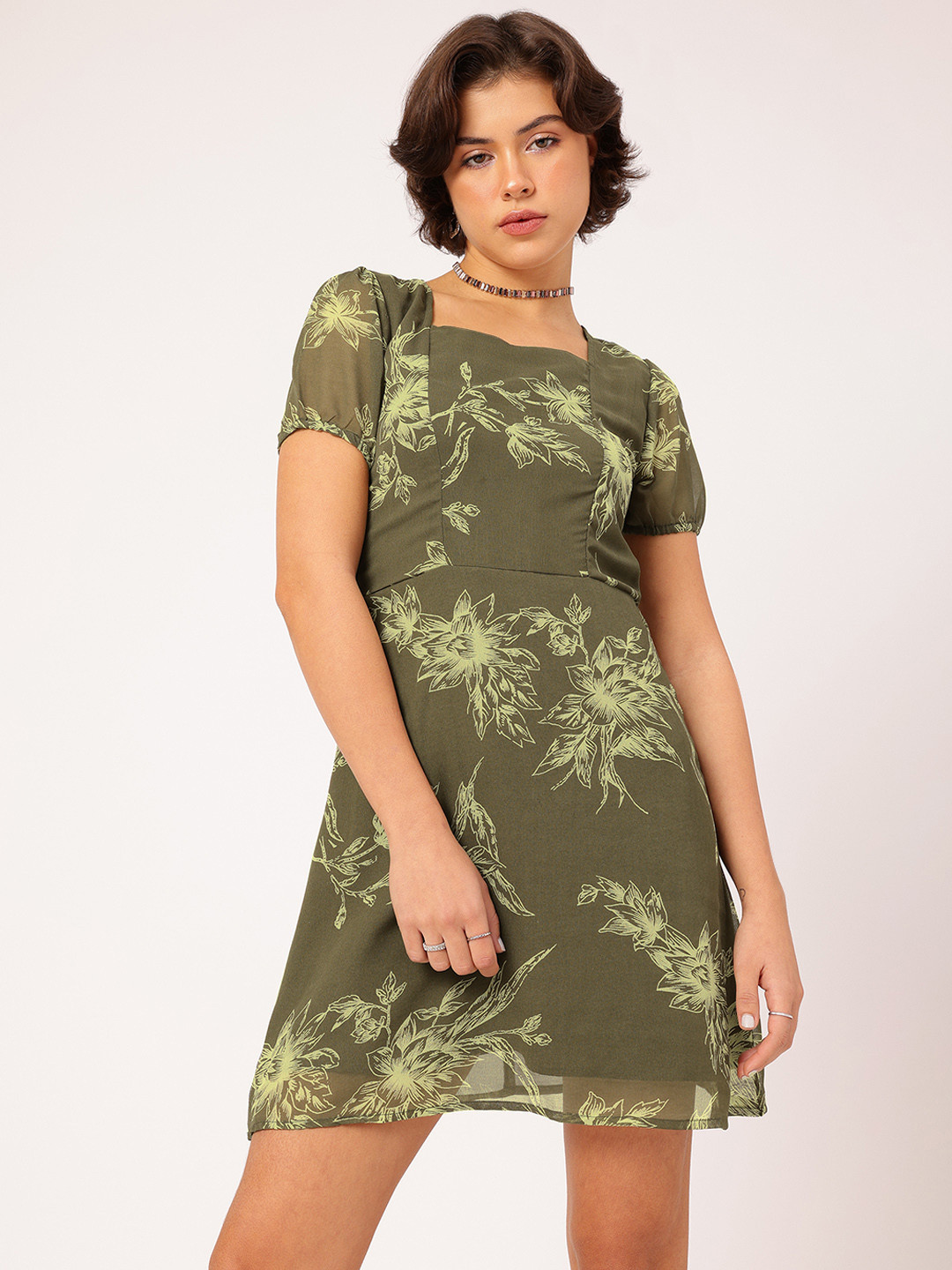DressBerry Floral Printed Cut-Out Back A-Line Mini Dress