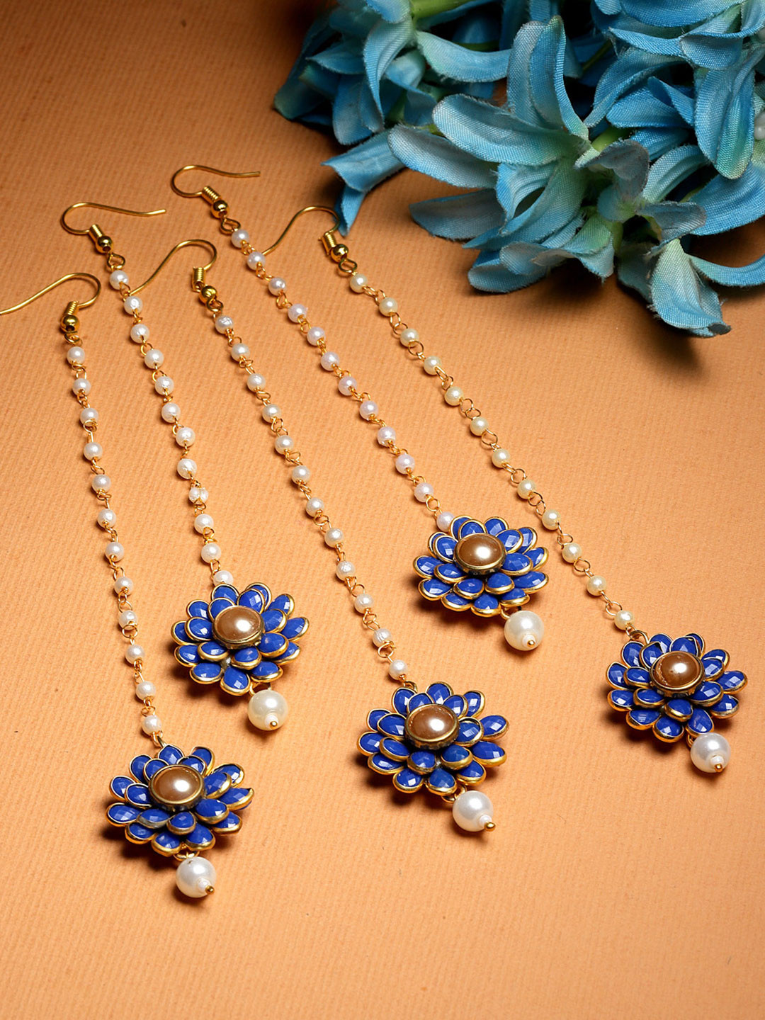ZENEME Set of 5 Gold-Plated Stones Studded and Beaded Floral Maang Tikkas