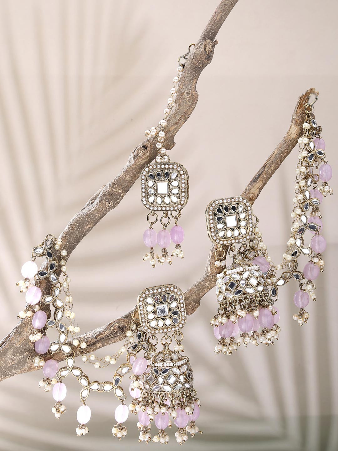 ZENEME Gold Plated Kundan Studded Pearl Beaded Bahubali Maang Tikka Jhumka With Ear chain Earring