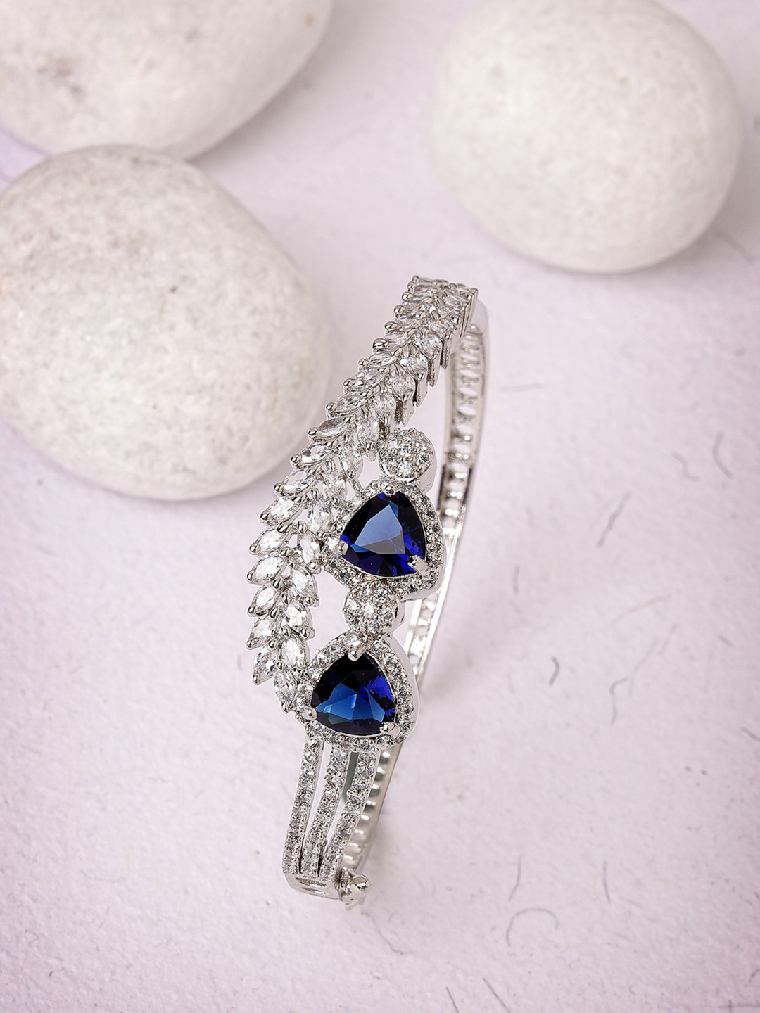 ZENEME Rhodium-Plated Silver Toned Blue American Diamond Studded Cuff Bracelet