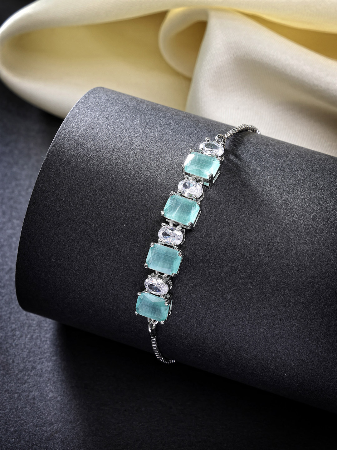 ZENEME Rhodium Plated Square shaped Sea Green AD Studded Wraparound Bracelet