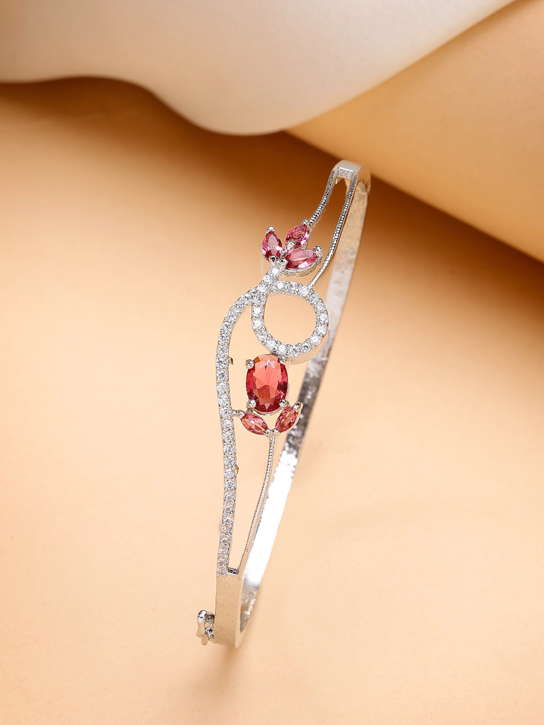 ZENEME Rhodium-Plated Silver Toned Red American Diamond Studded Cuff Bracelet