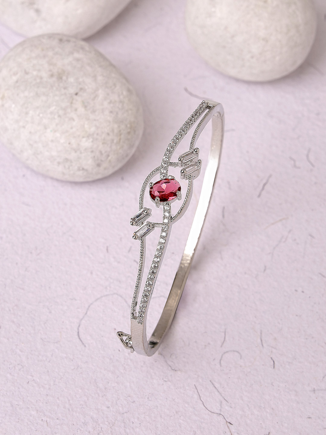 ZENEME Rhodium-Plated Silver Toned Red American Diamond Studded Cuff Bracelet