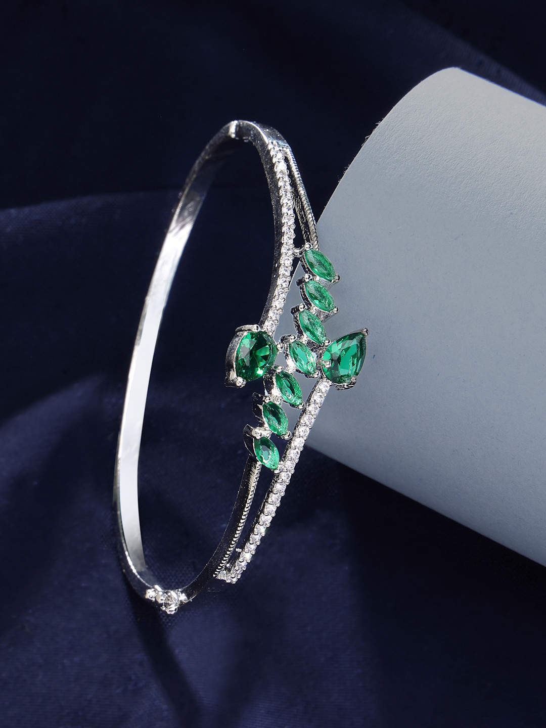 ZENEME Rhodium-Plated Silver Toned Green American Diamond Studded Cuff Bracelet