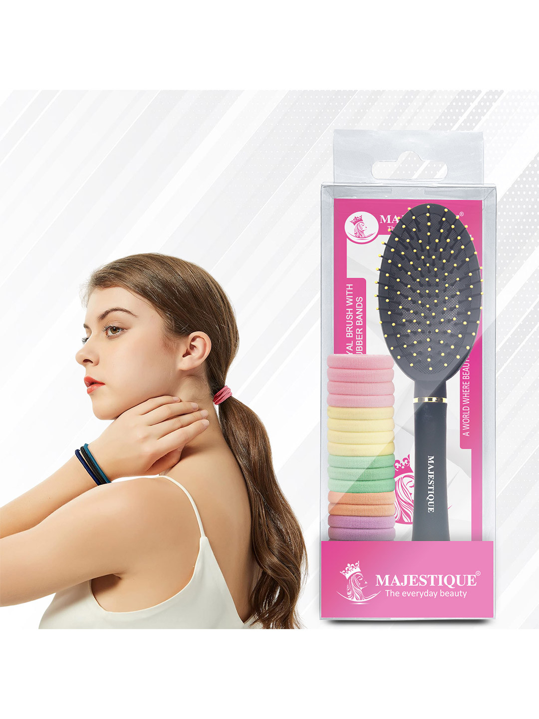 MAJESTIQUE Oval Detangling Royal Brush 26cm With 20-Pcs Rubber Bands