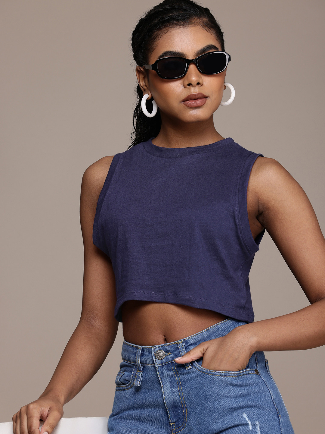 The Roadster Life Co. Sleeveless Cropped Pure Cotton T-shirt