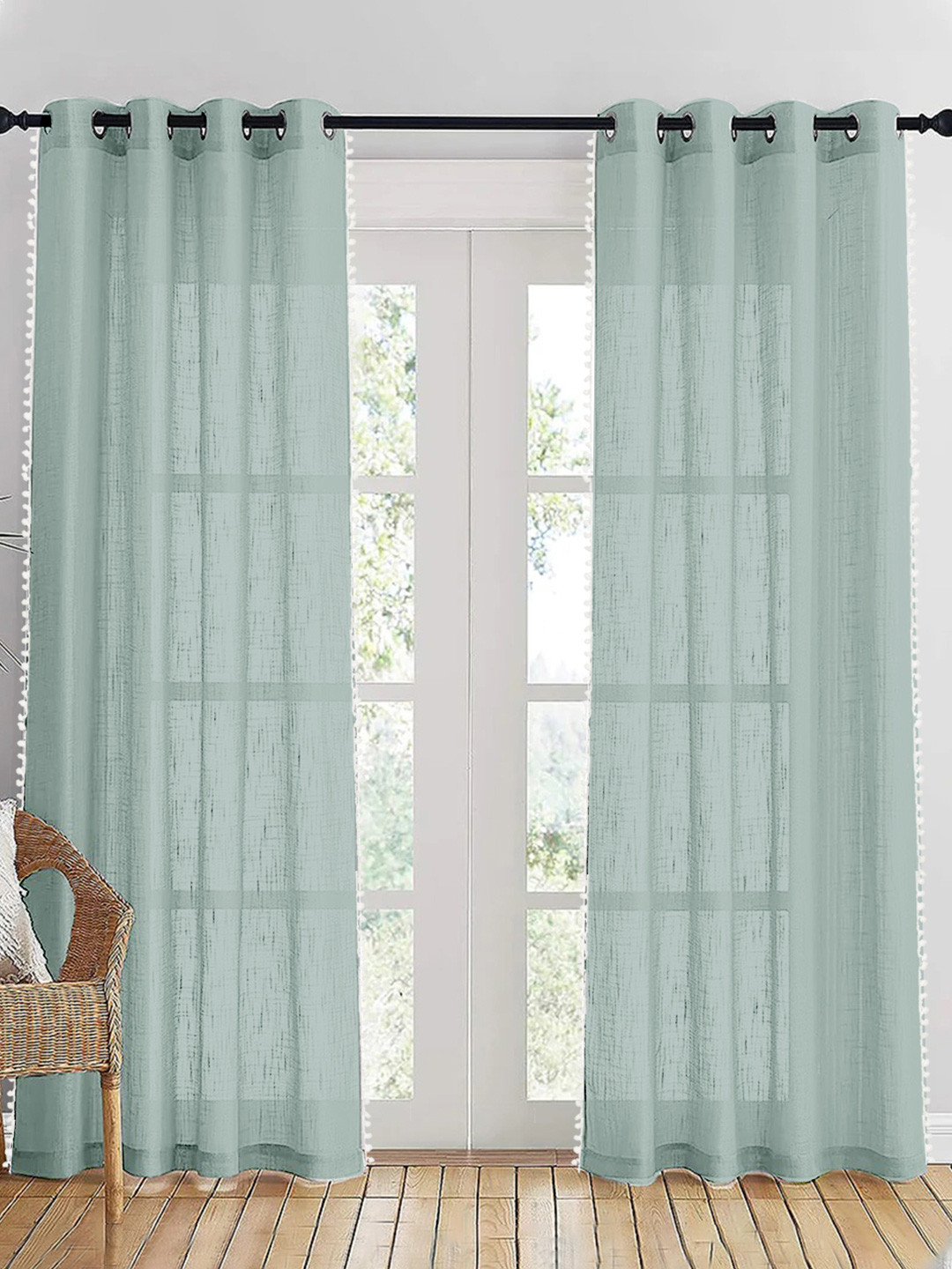 HOMEMONDE Grey & White Set of 2 Cotton Border Sheer Door Curtains