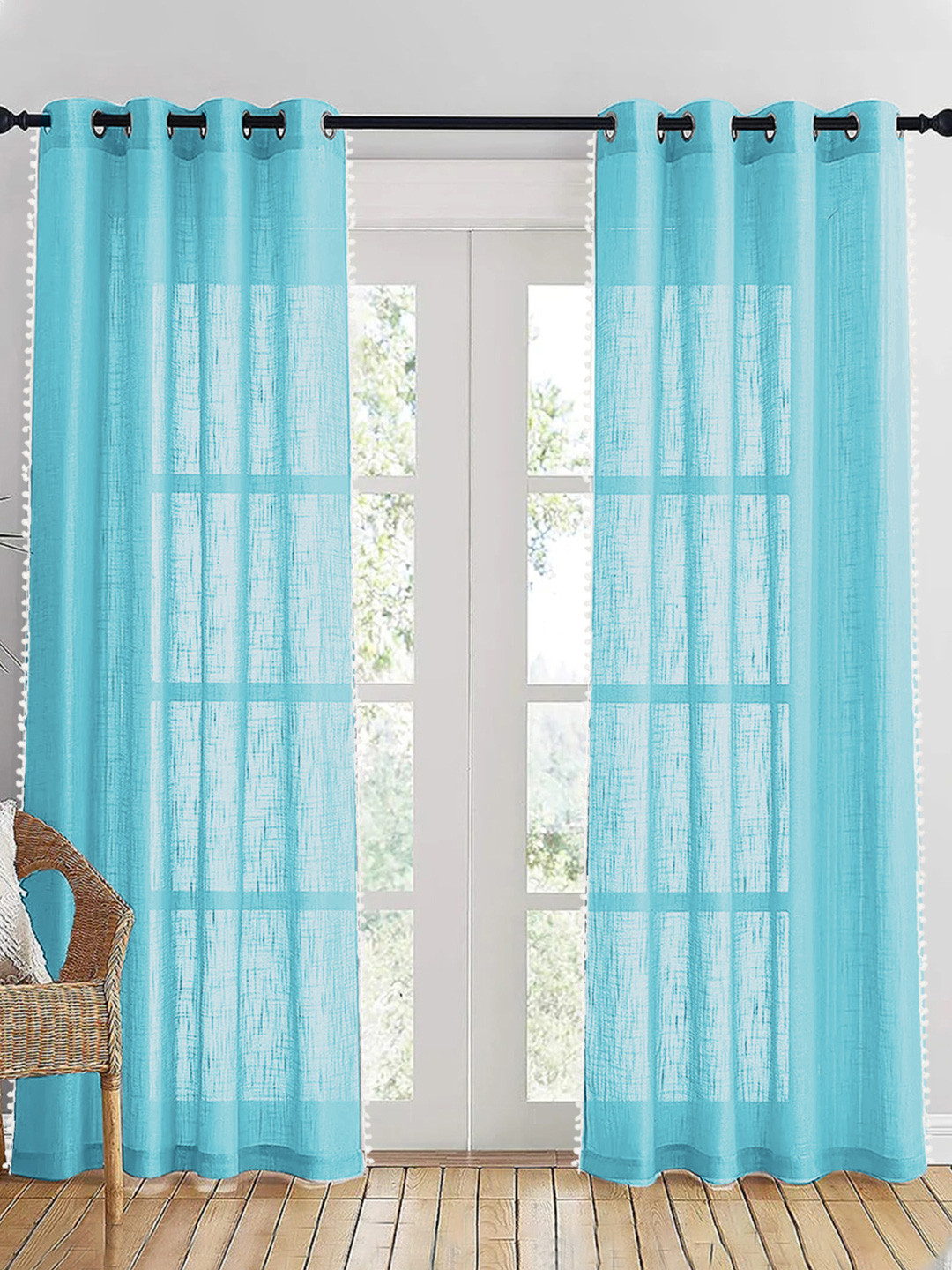 HOMEMONDE Turquoise Blue & White 2 Pieces Sheer Pompom Detailed Cotton Door Curtain