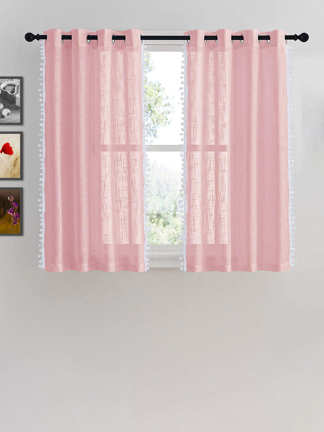 HOMEMONDE Pink & White 2 Pieces Sheer Pompom Detailed Cotton Window Curtain