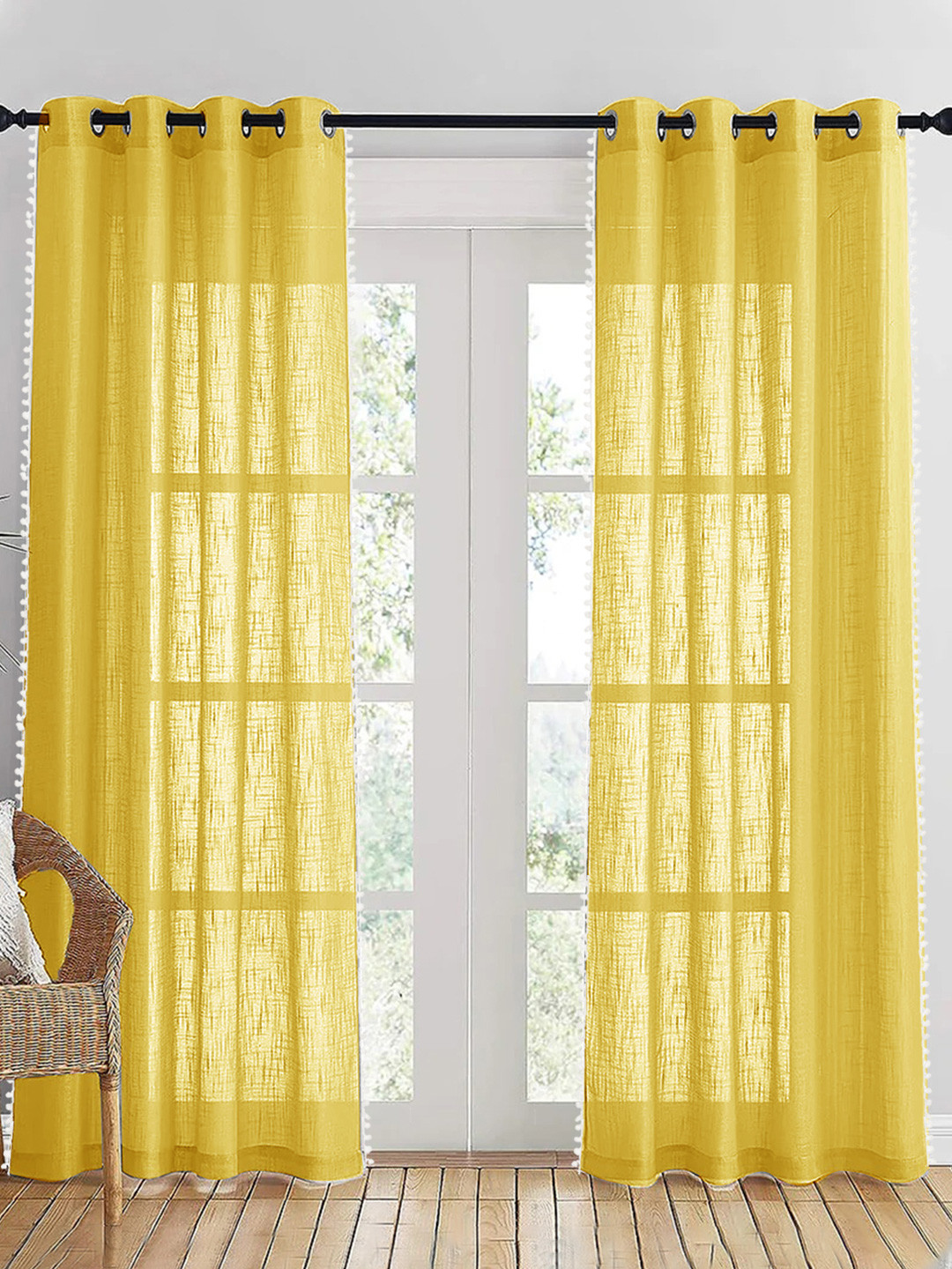 HOMEMONDE Yellow & White 2 Pieces Sheer Pompom Detailed Cotton Door Curtain