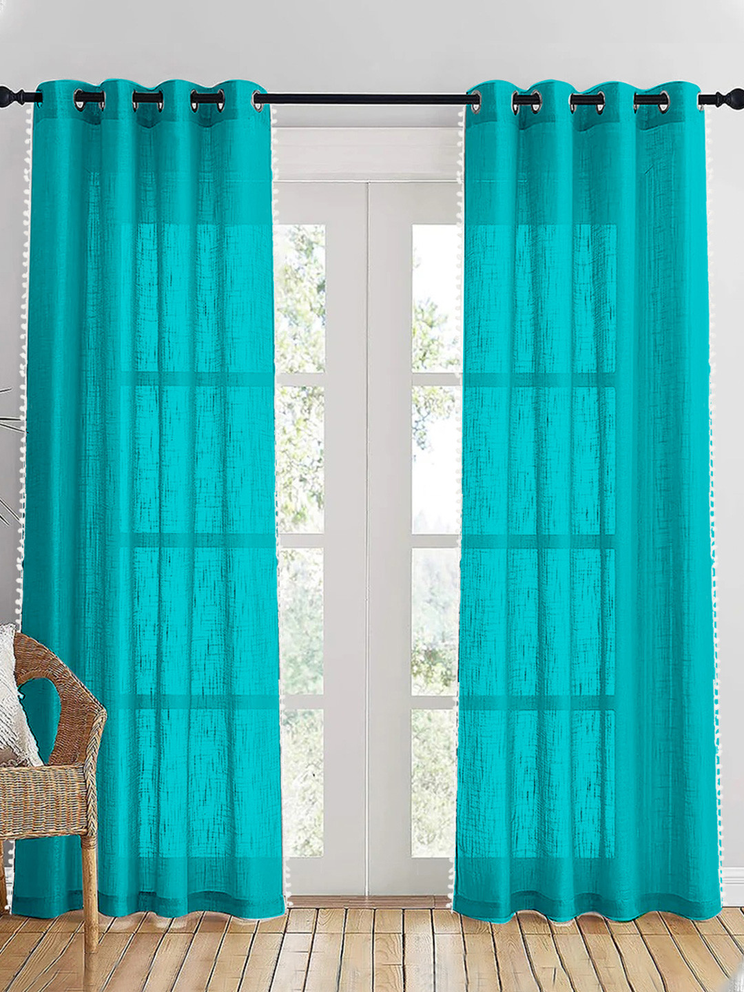 HOMEMONDE Blue & White 2 Pieces Sheer Pompom Detailed Cotton Long Door Curtain