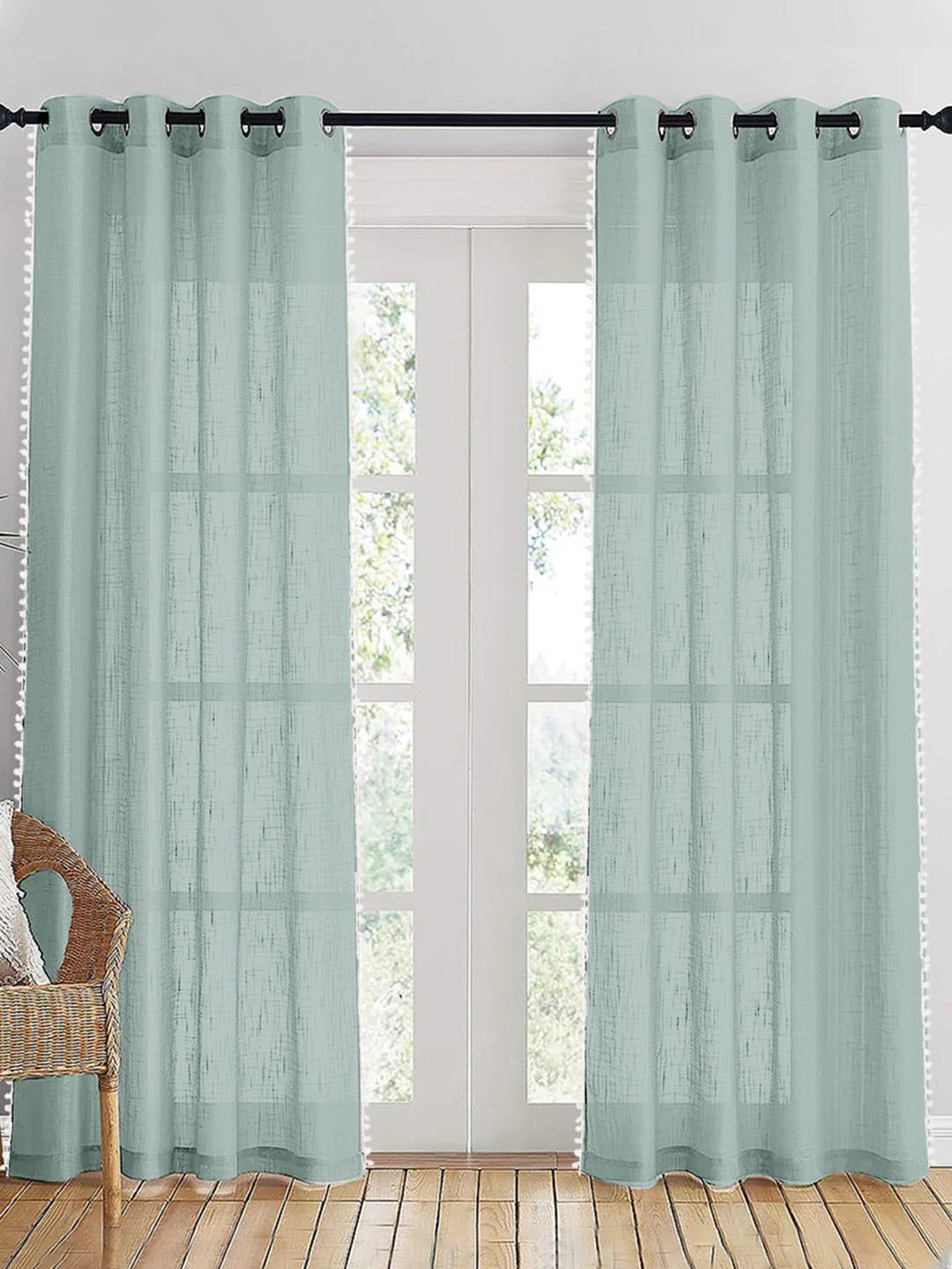 HOMEMONDE Grey & White 2 Pieces Border Sheer Pompom Detailed Cotton Long Door Curtain