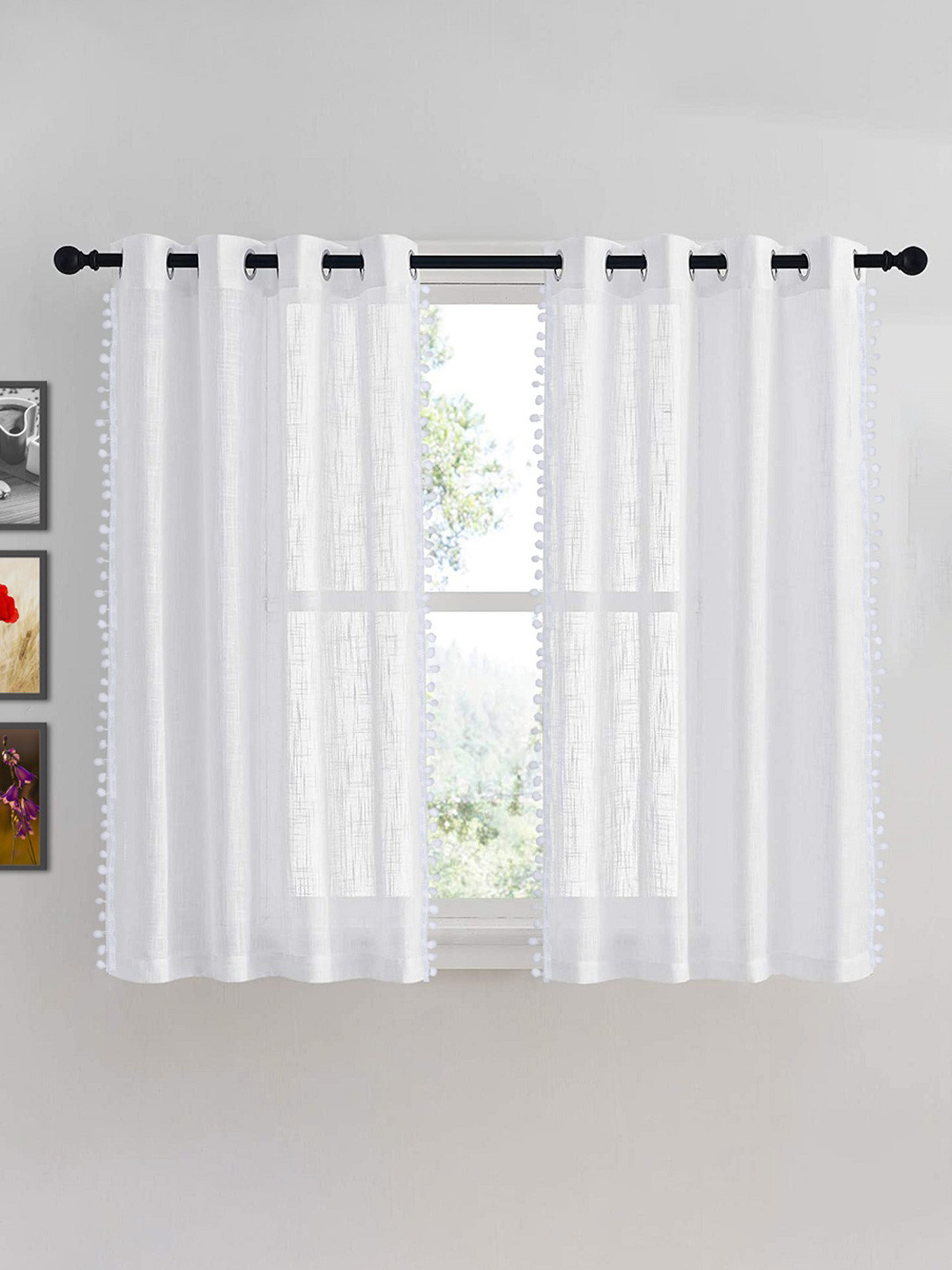 HOMEMONDE White 2 Pieces Sheer Pompom Detailed Cotton Window Curtain